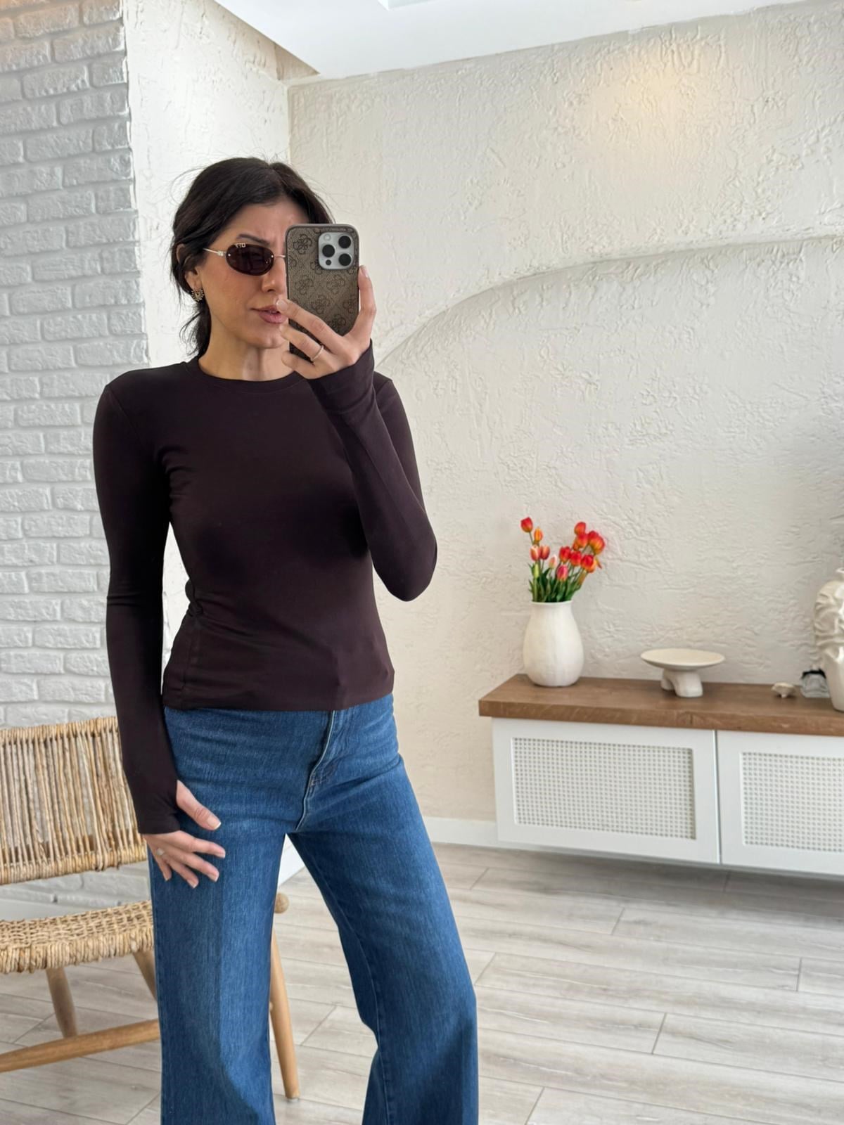 Bisiklet Yaka Parmak Geçmeli Modal Kumaş Uzun Kol Badi Kahve