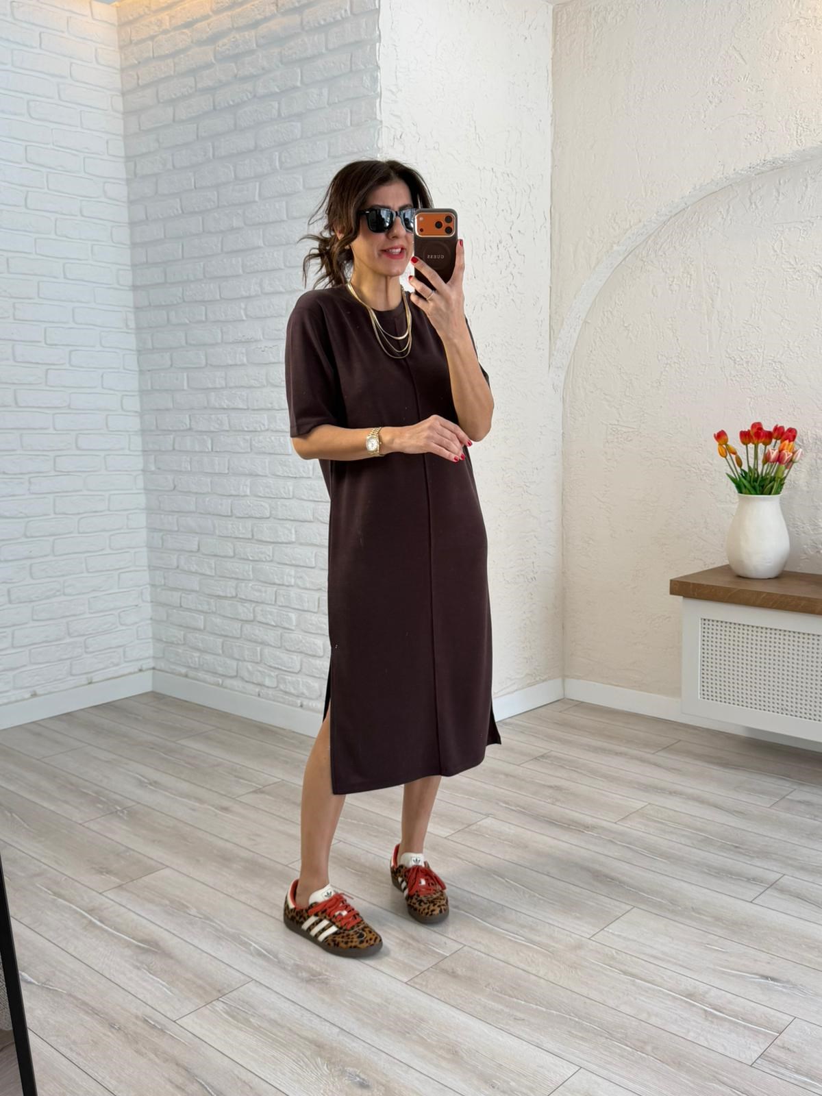 Bisiklet Yaka Pike Kısa Kol Elbise Kahve 