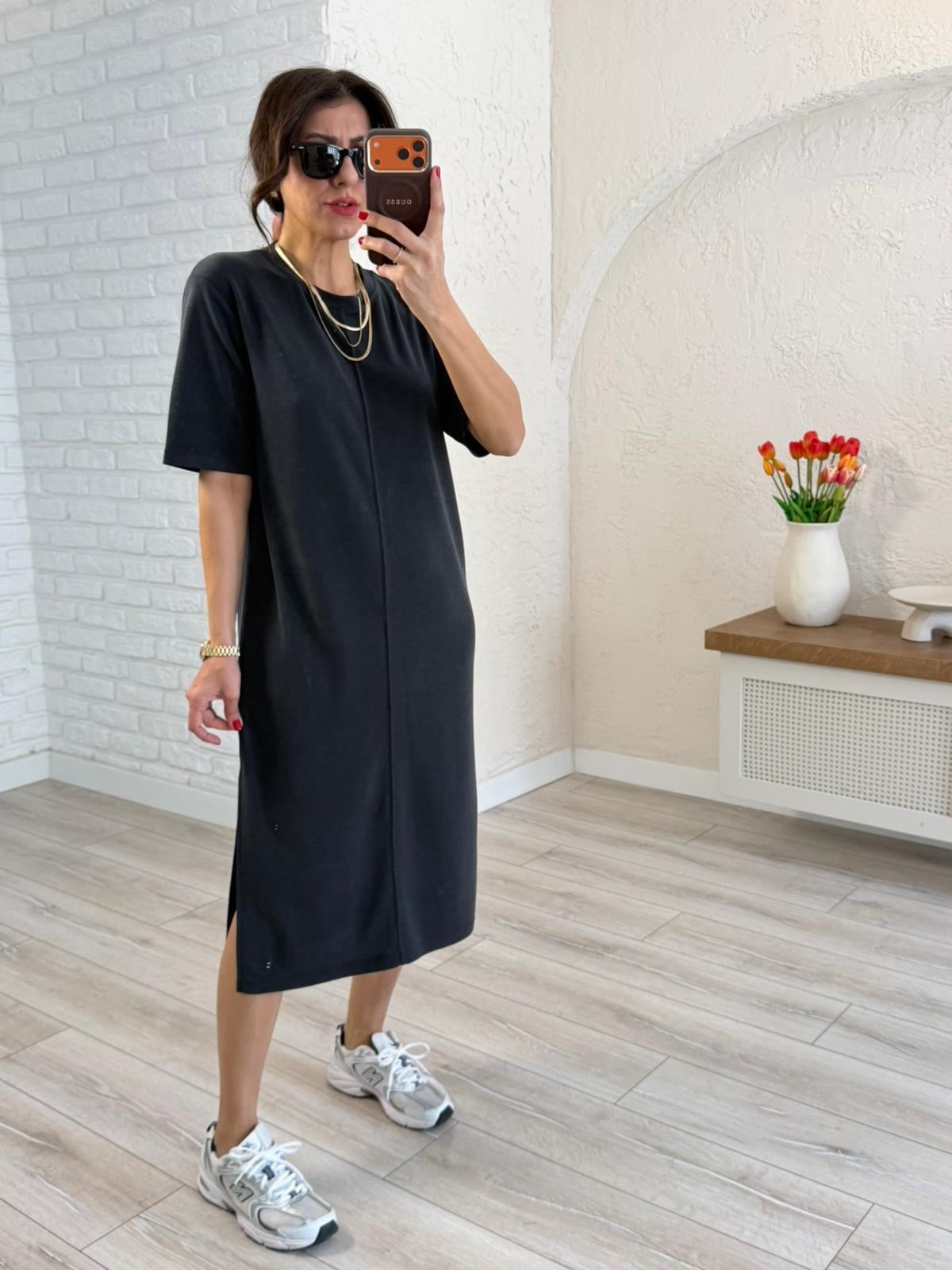 Bisiklet Yaka Pike Kısa Kol Elbise Koyu Antrasit