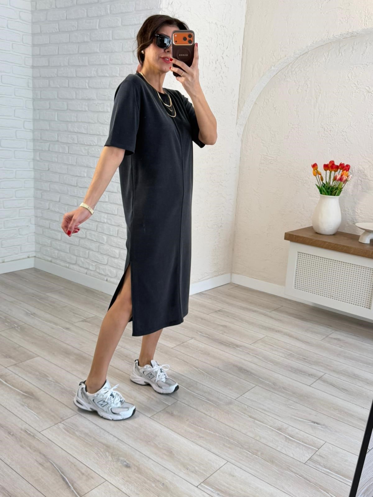 Bisiklet Yaka Pike Kısa Kol Elbise Koyu Antrasit