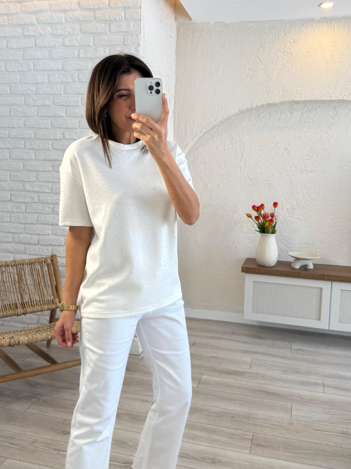 Bisiklet Yaka Taşlı Tişört Ekru