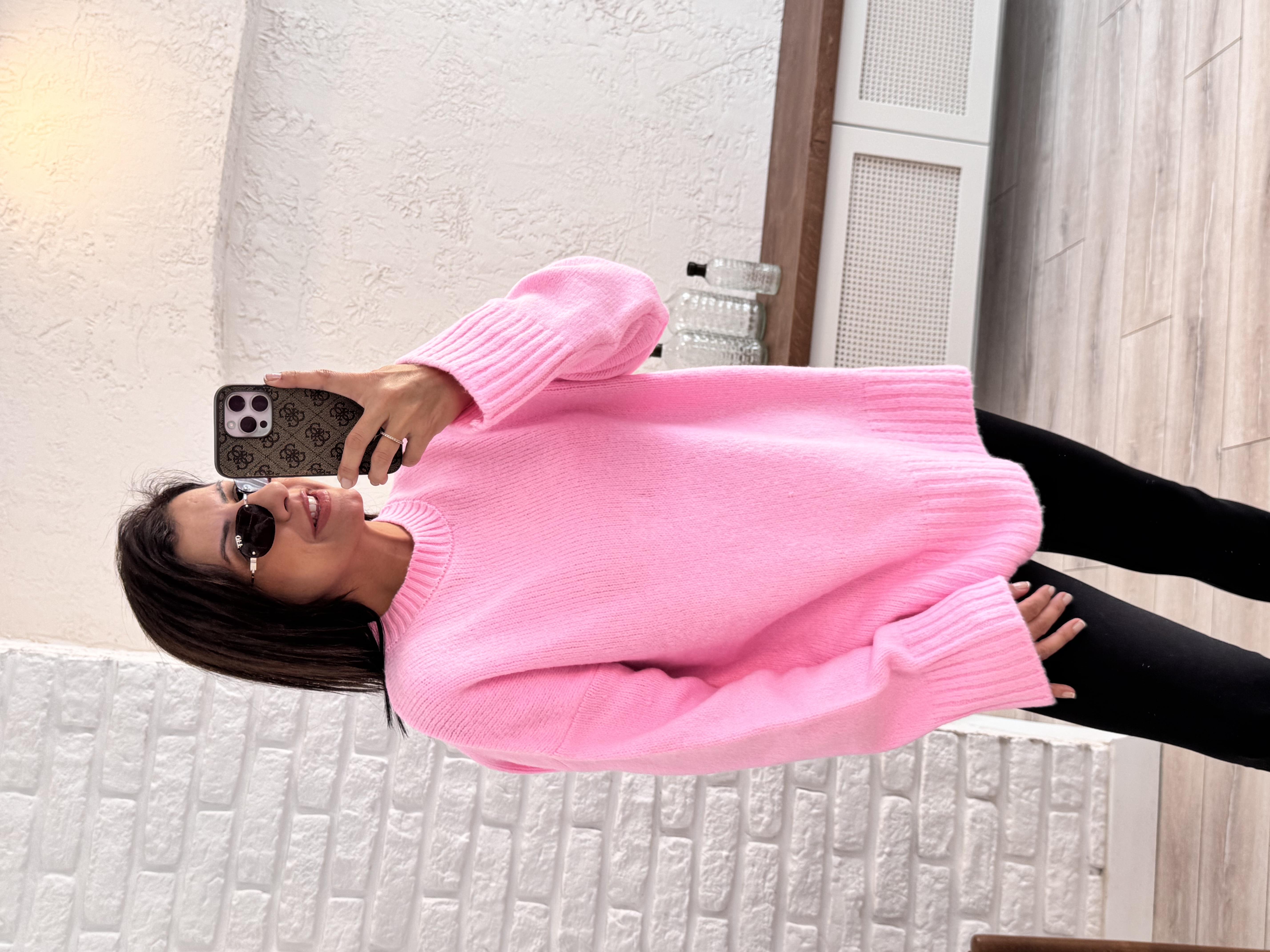 Bisiklet Yaka Triko Kazak Pembe 