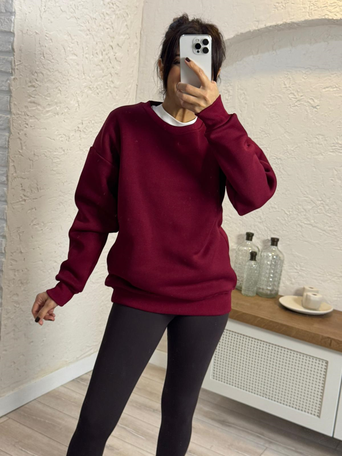 Bisiklet Yaka Üç İplik Şardonlu Sweat Bordo