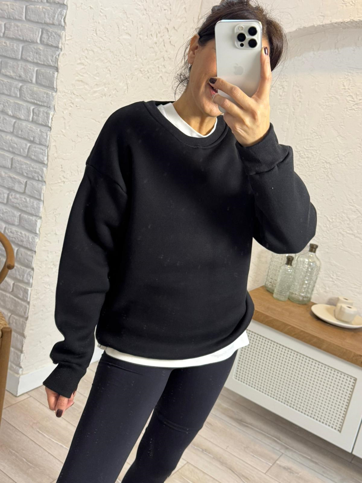 Bisiklet Yaka Üç İplik Şardonlu Sweat Siyah