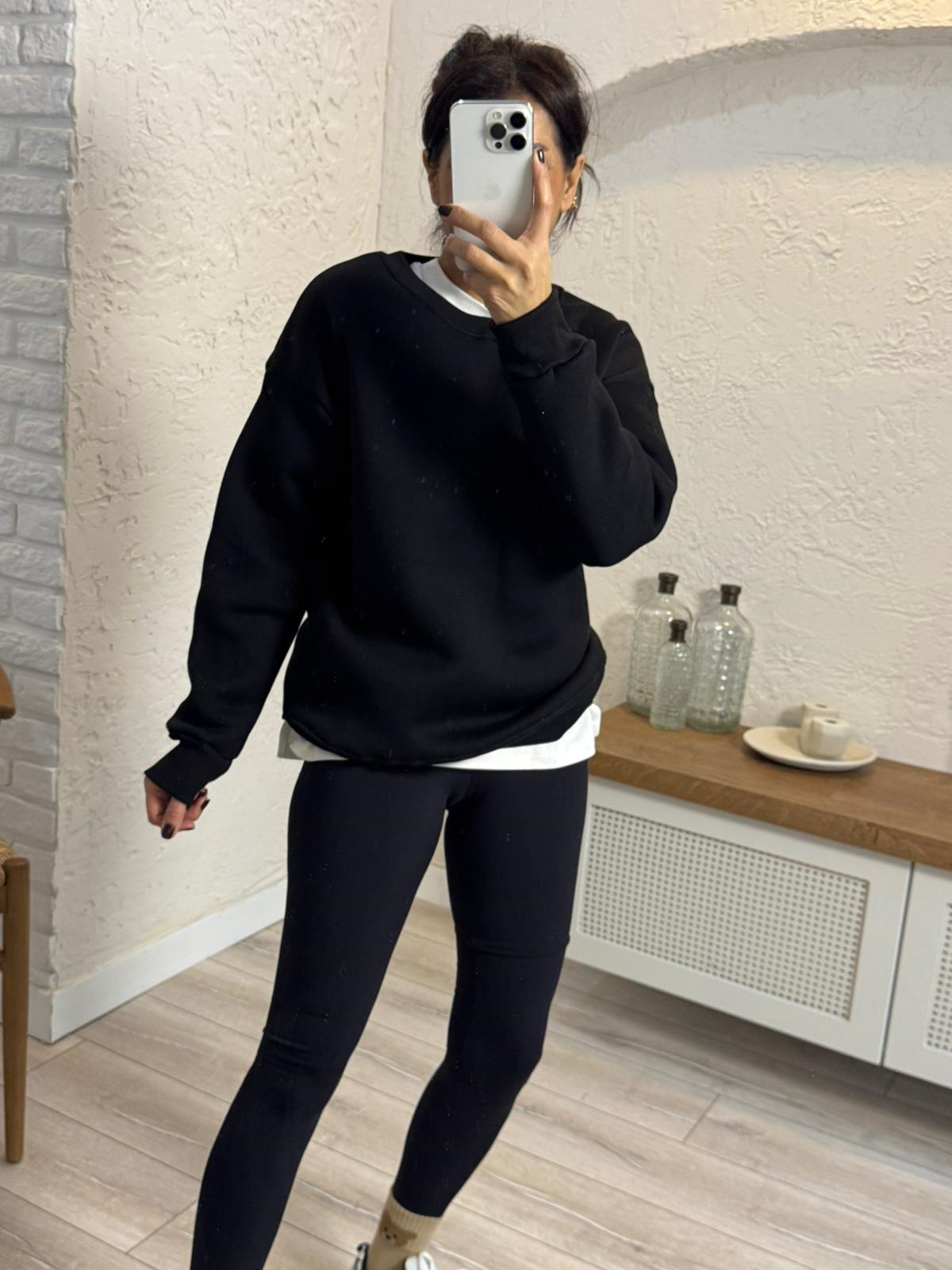 Bisiklet Yaka Üç İplik Şardonlu Sweat Siyah