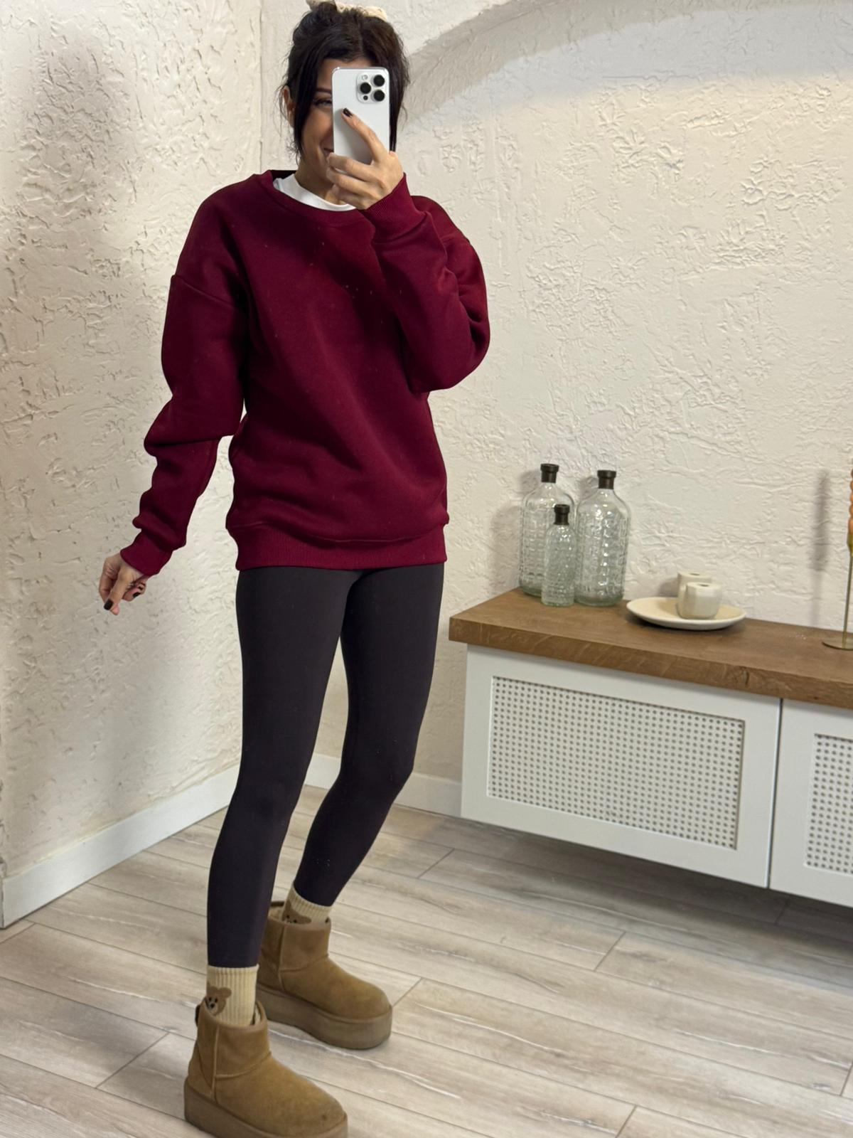 Bisiklet Yaka Üç İplik Şardonlu Sweat Bordo
