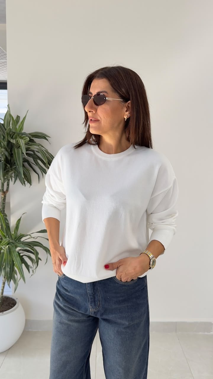 Bisiklet Yaka Uzun Kollu Lüx Triko Ekru