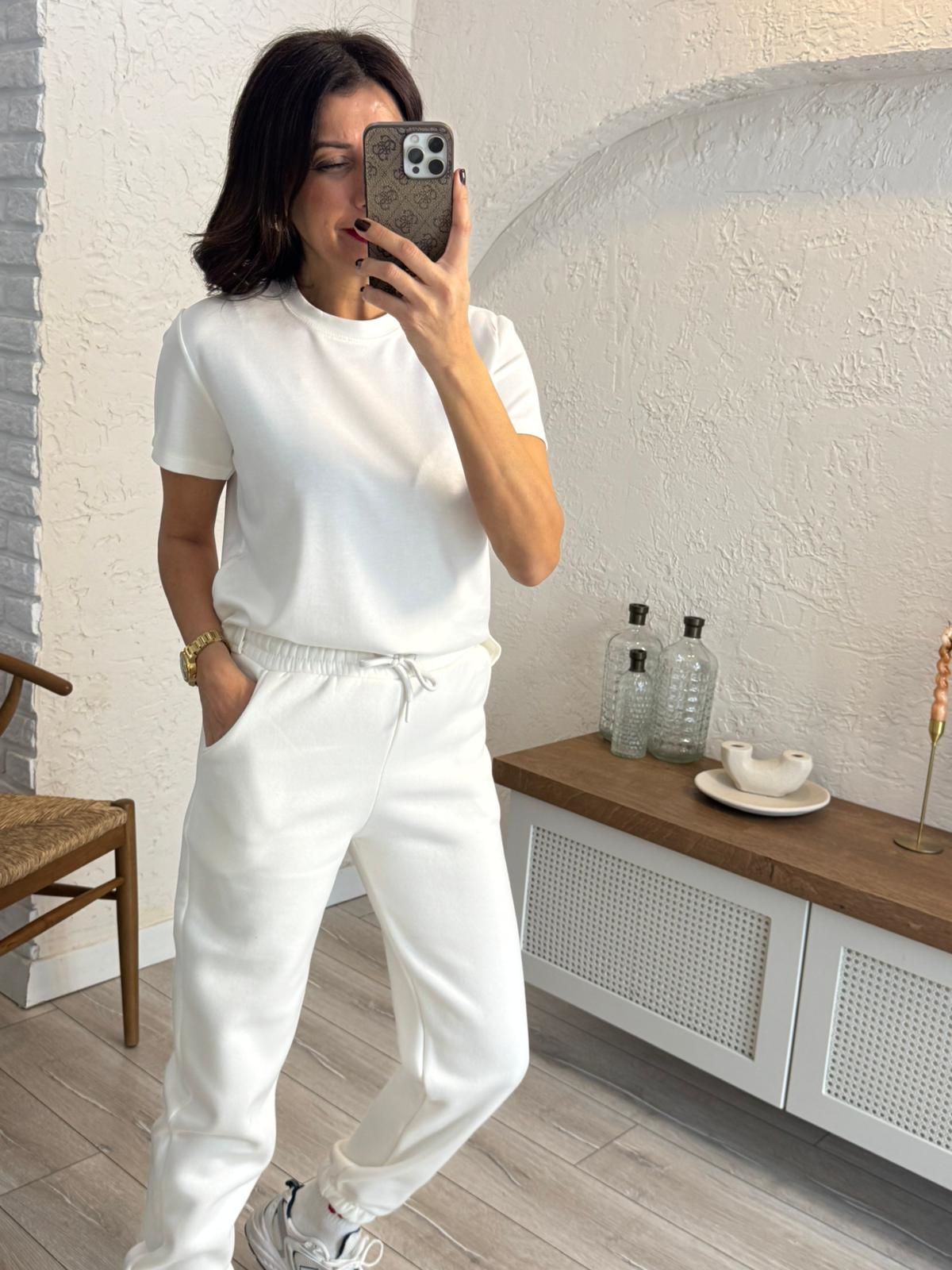 Bisiklet Yaka Yan Yırtmaçlı Crop Tshirt Ekru