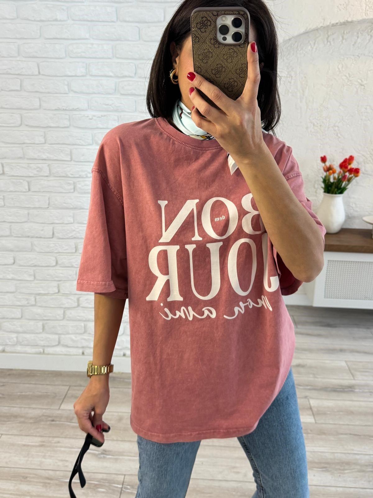 Bonjour Baskılı Oversize Tişört Kiremit