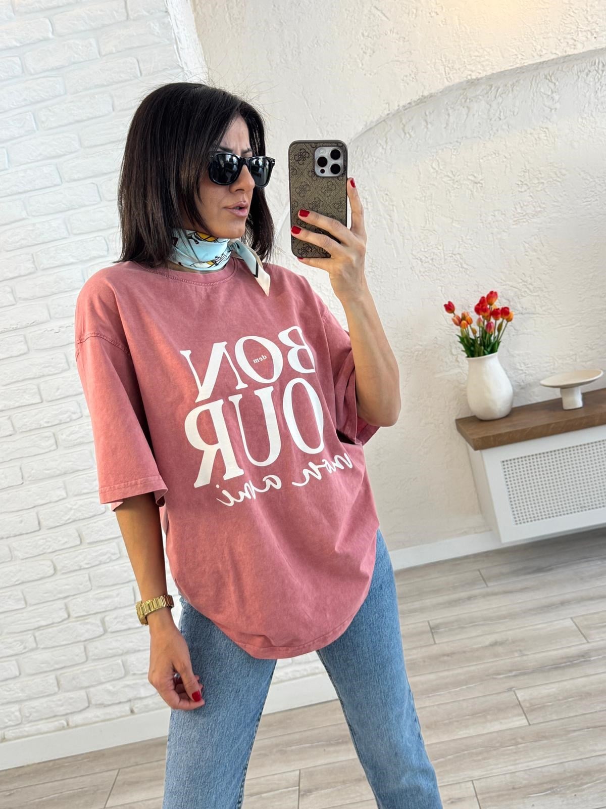 Bonjour Baskılı Oversize Tişört Kiremit