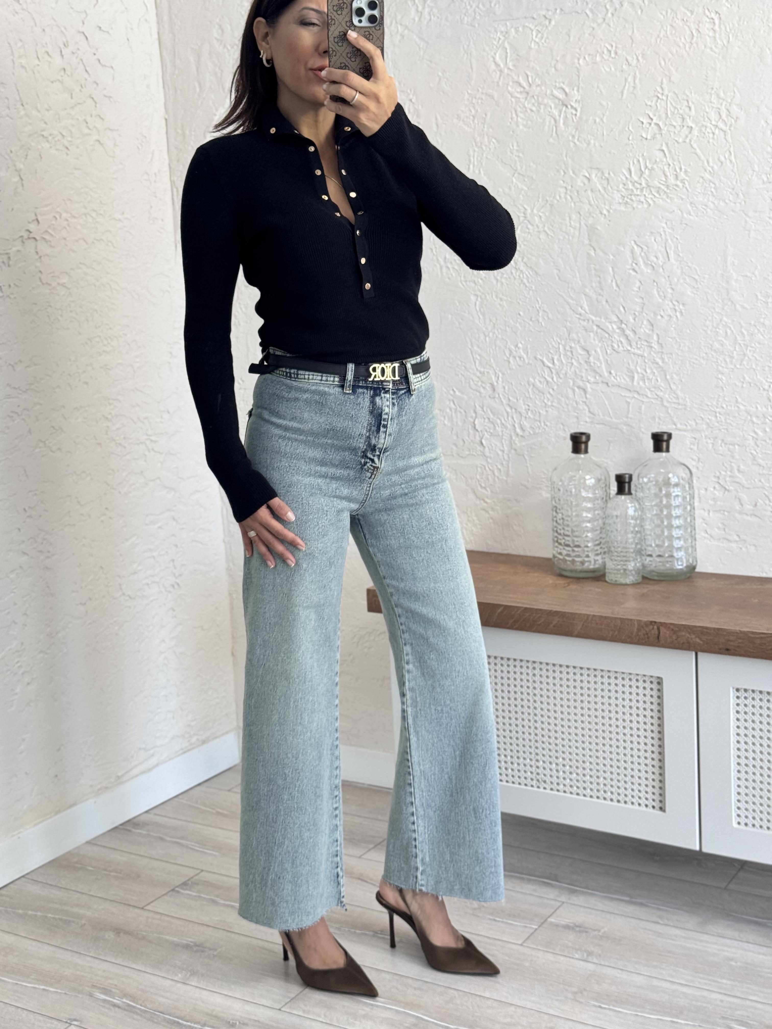 Cepsiz Bol Paça Yüksek Bel Tint  Yeşil Jean  