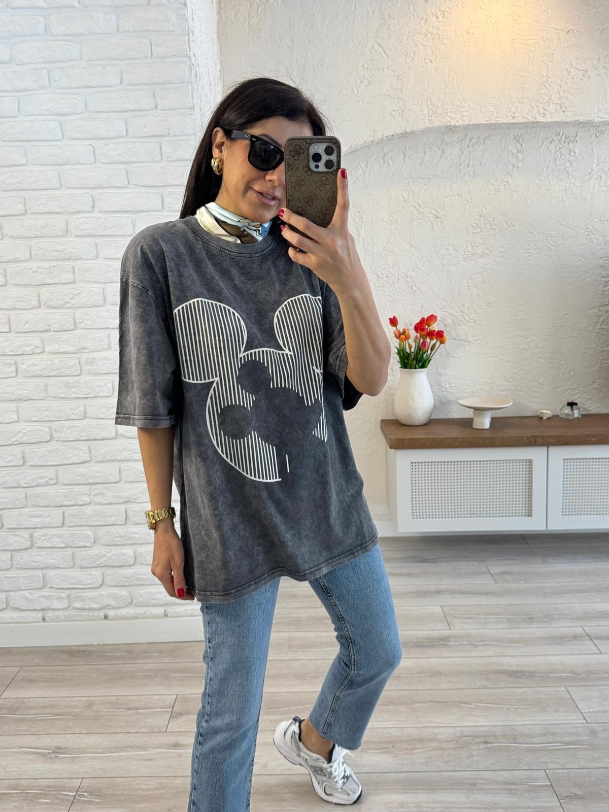 Çizgi Miki Baskılı Oversize Tişört Antrasit 