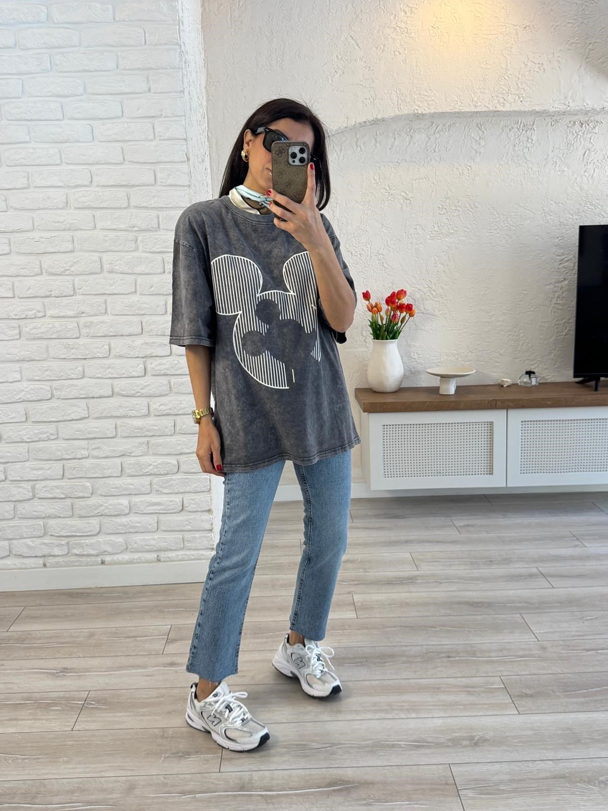 Çizgi Miki Baskılı Oversize Tişört Antrasit 