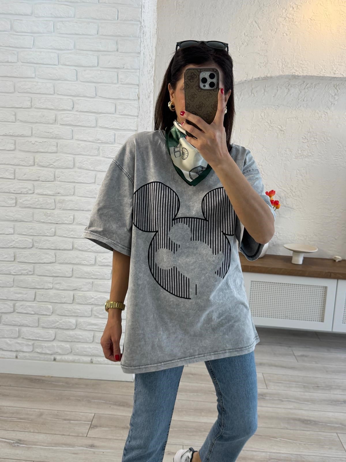 Çizgi Miki Baskılı Oversize Tişört Gri
