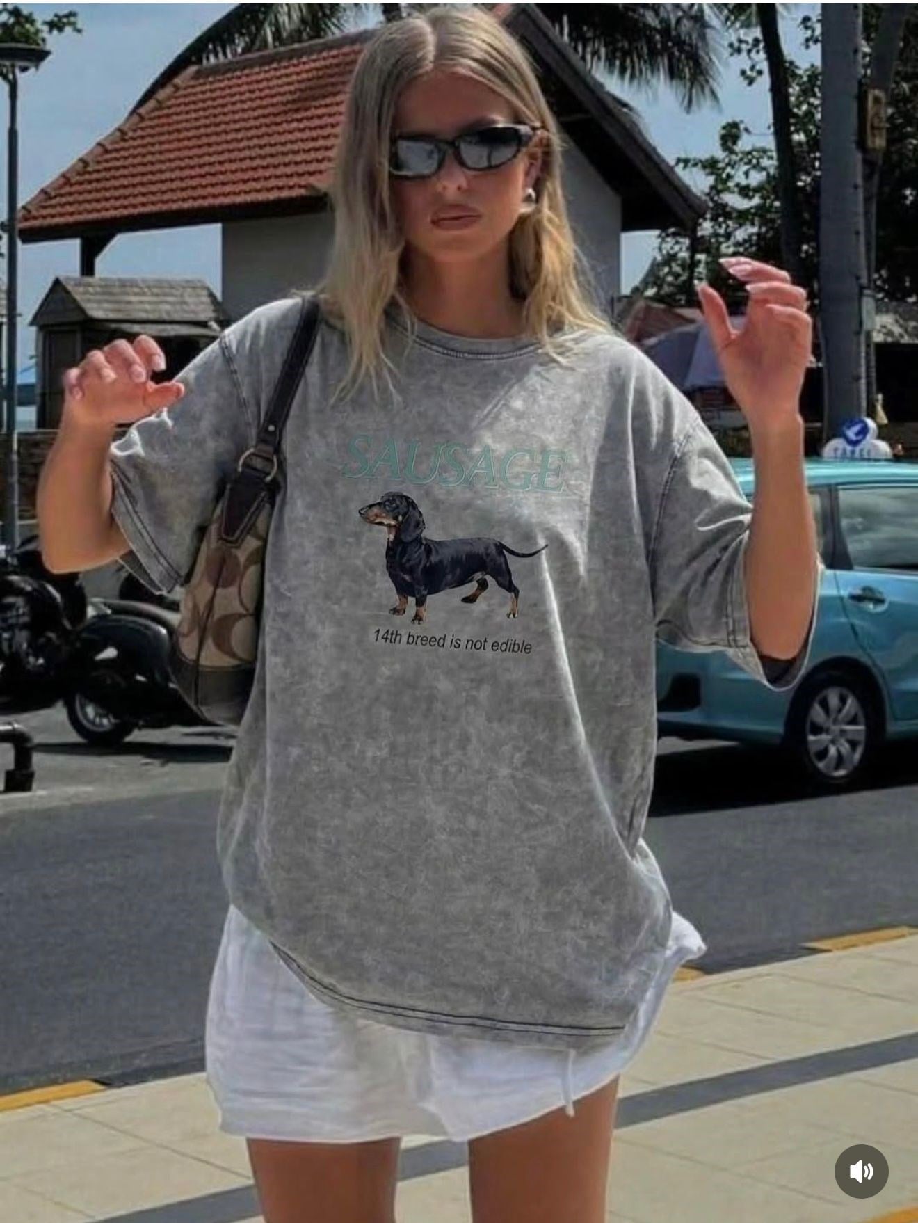 Dijital Köpek Baskılı Gri Oversize tişort