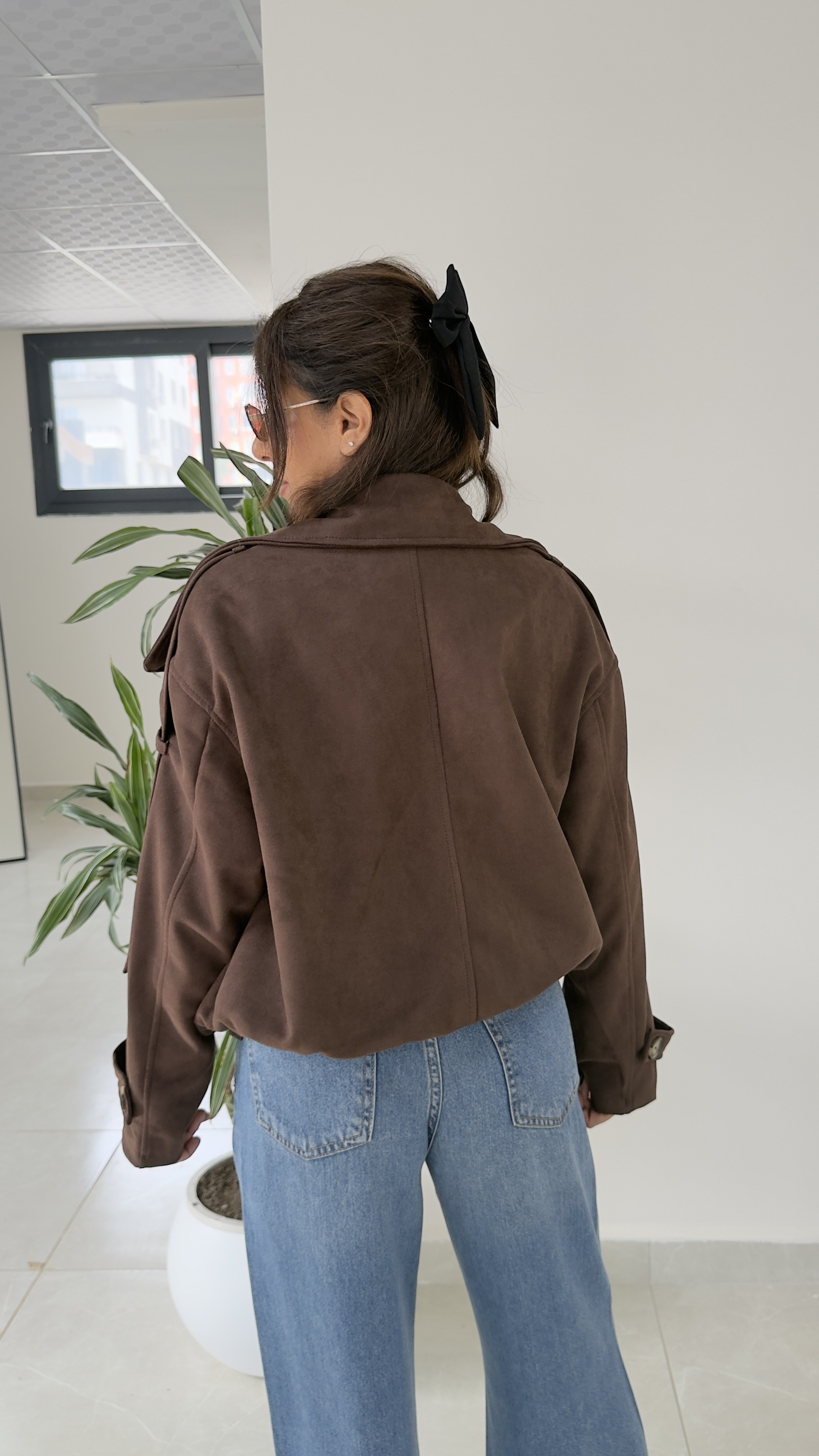 Dik Yaka Süet Oversize Ceket Kahve 