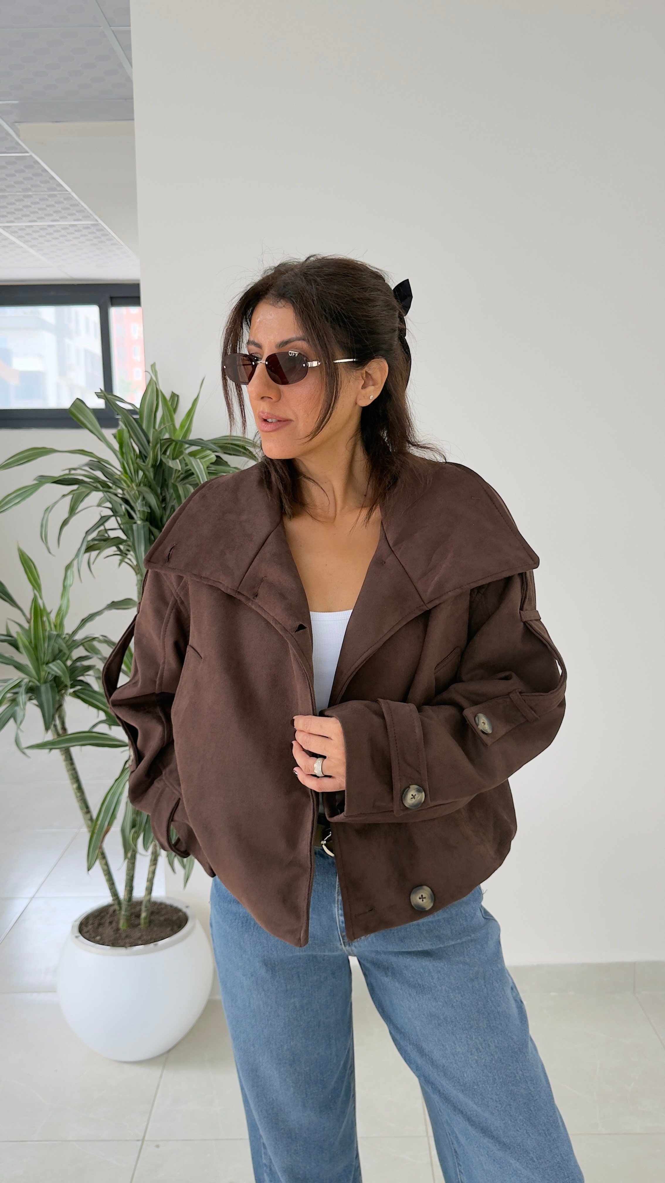 Dik Yaka Süet Oversize Ceket Kahve 