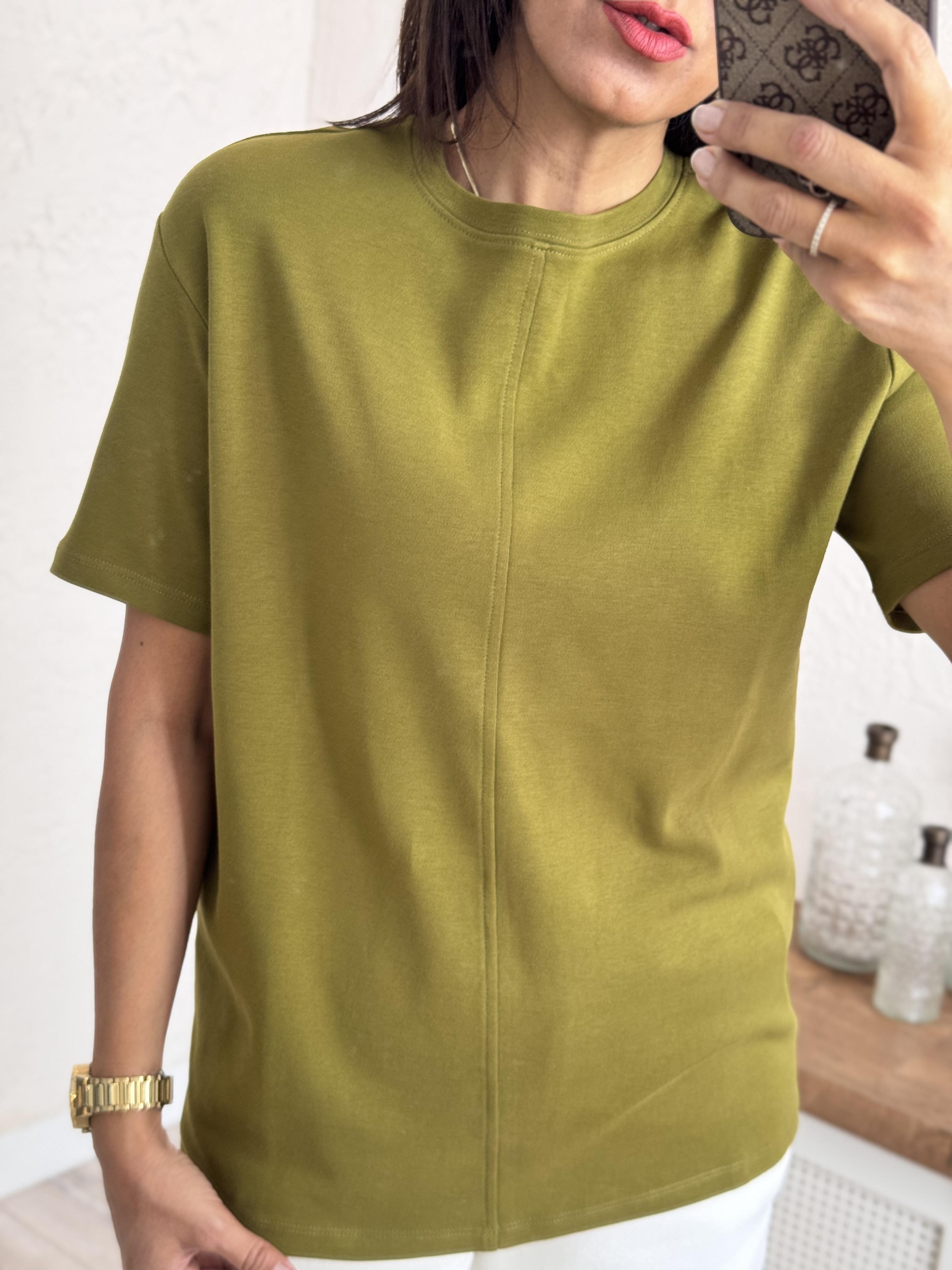 Dikiş Detaylı Tshirt Yağ yeşili