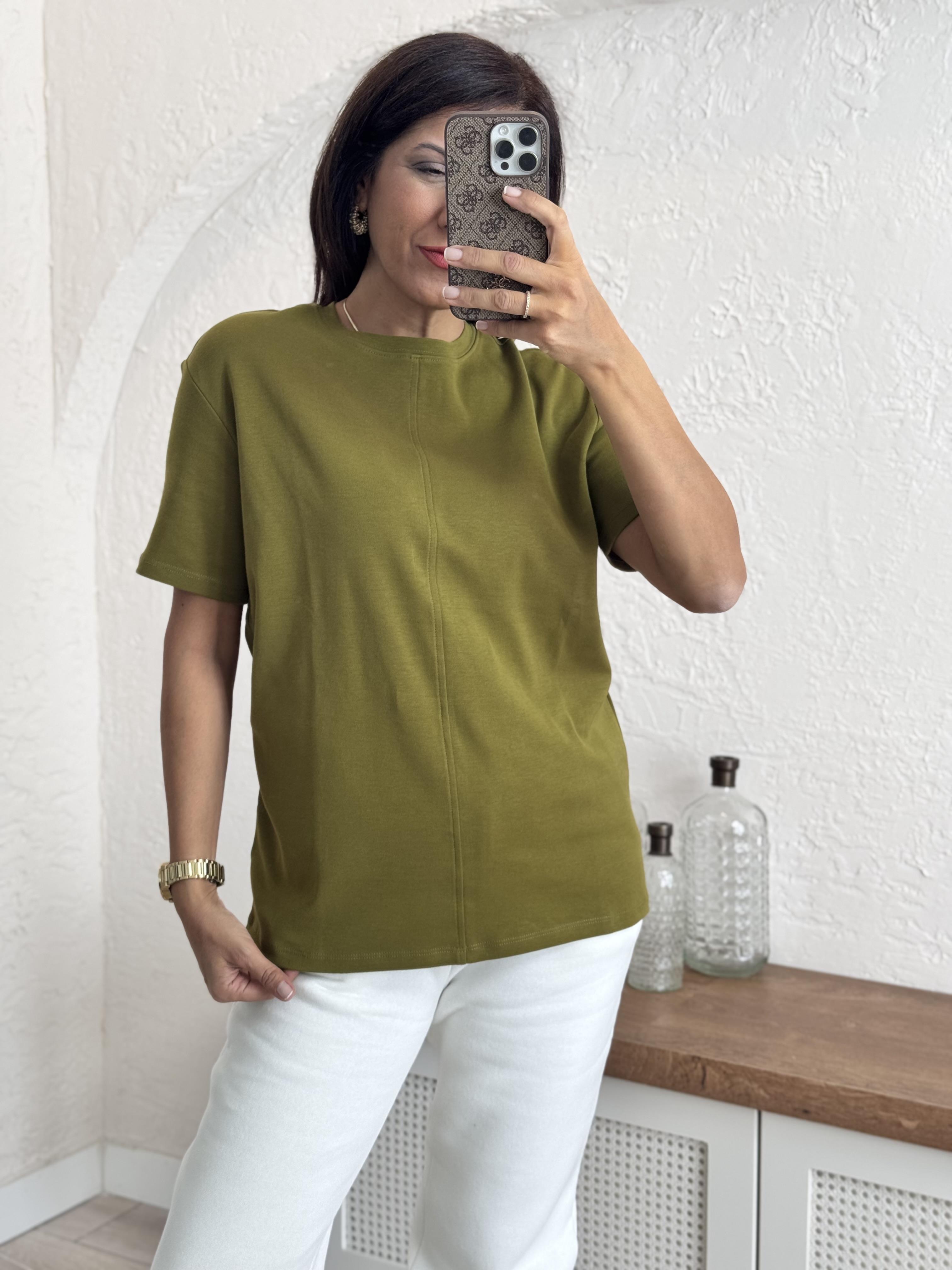 Dikiş Detaylı Tshirt Yağ yeşili