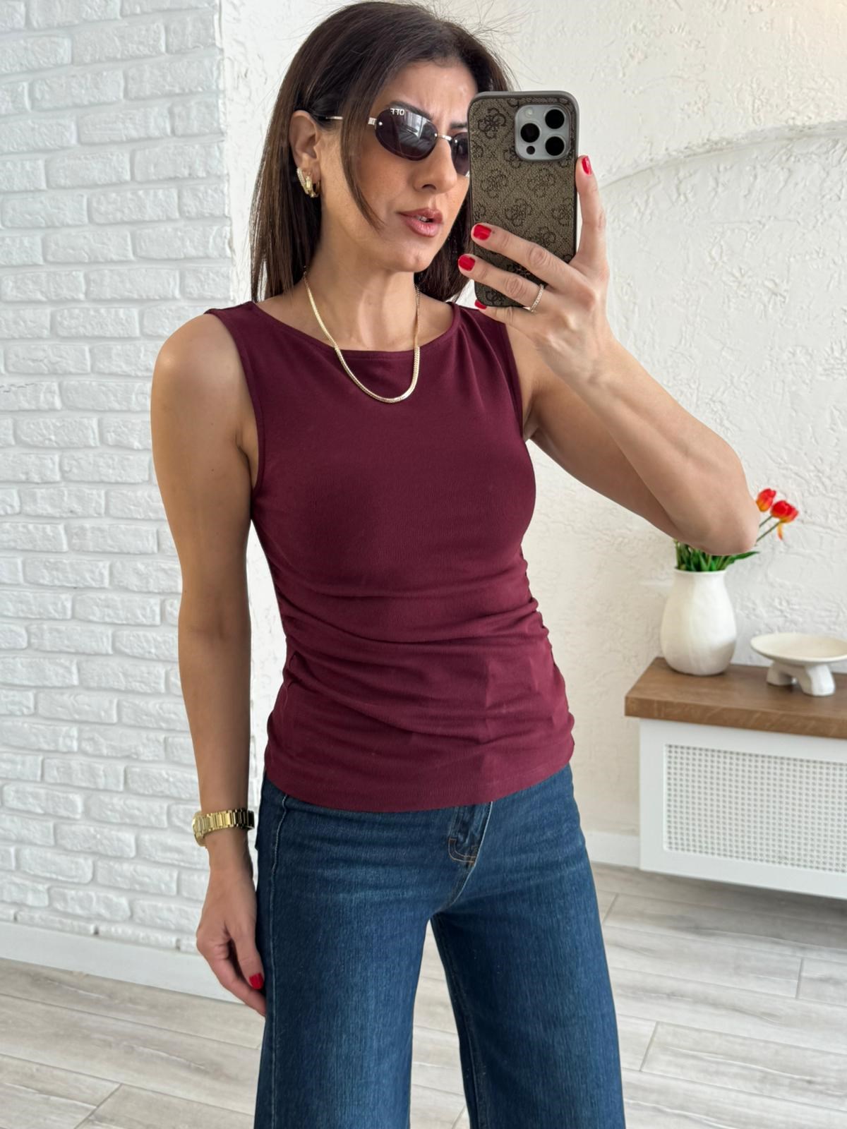 Dilvin Büzgülü Kayık Yaka Crop Top Bordo