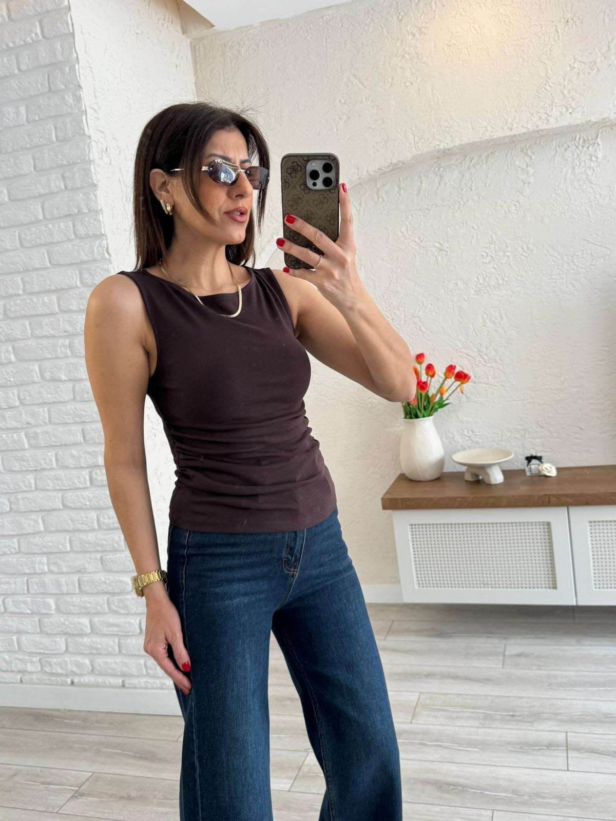 Dilvin Büzgülü Kayık Yaka Crop Top Koyu Kahve