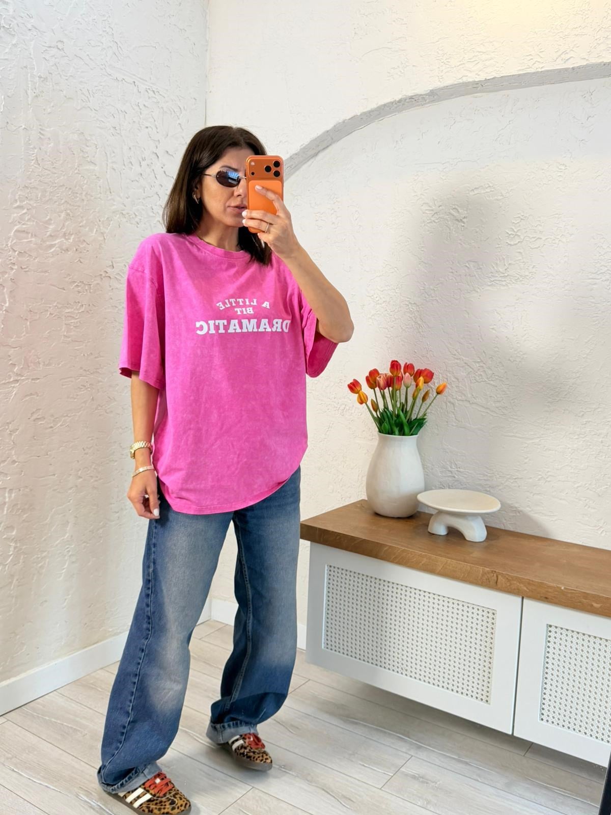 Dramatic Baskılı Oversıze Tişört Eskitme Pembe