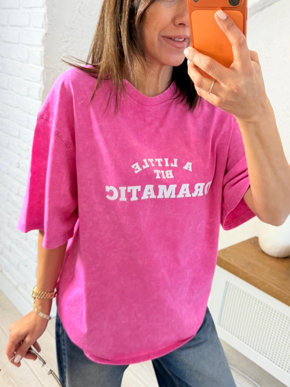 Dramatic Baskılı Oversıze Tişört Eskitme Pembe