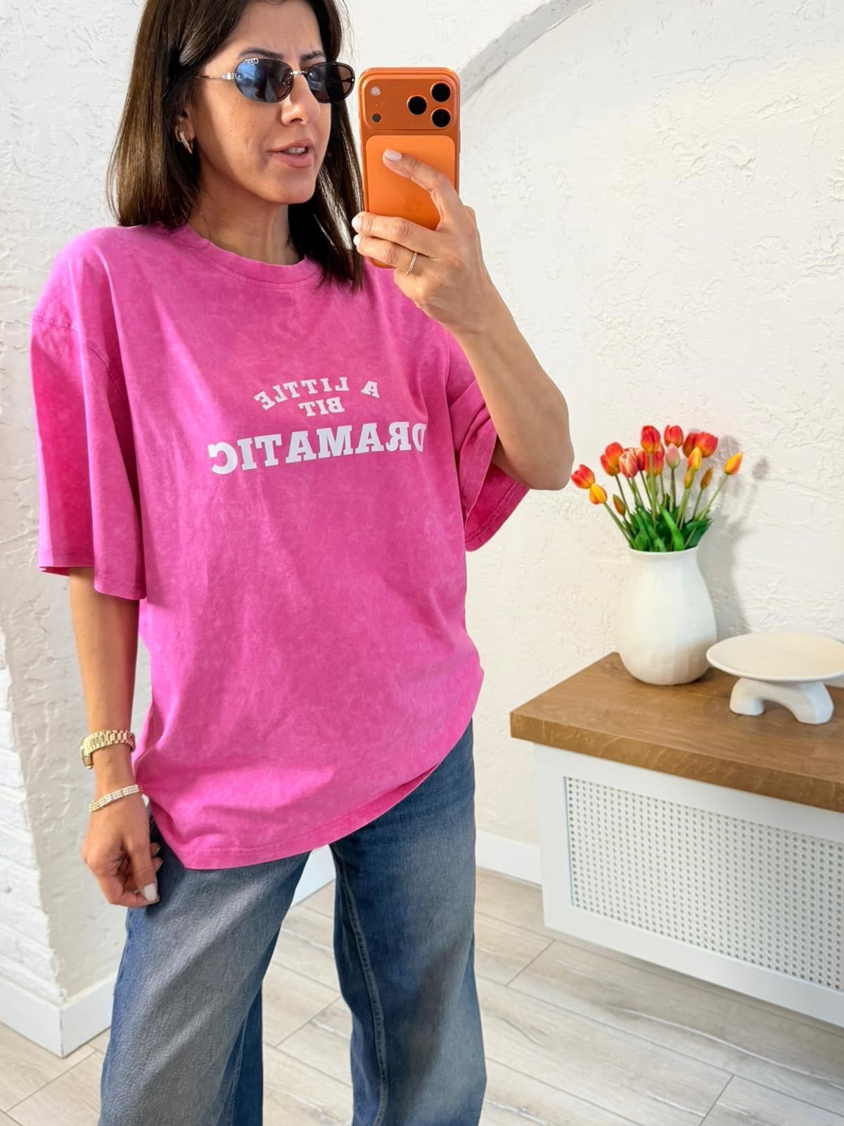 Dramatic Baskılı Oversıze Tişört Eskitme Pembe