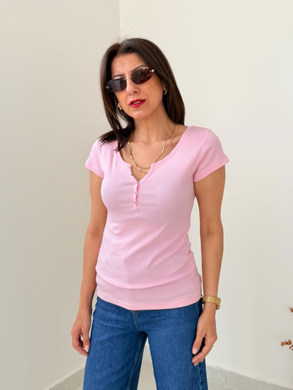 Düğme Detaylı Tshirt Toz pembe
