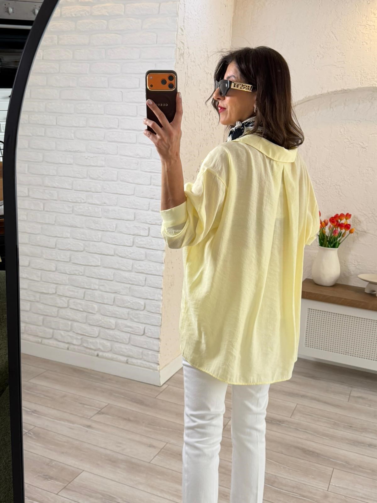 Düşük Omuzlu Oversize Gömlek  Açık Sarı 
