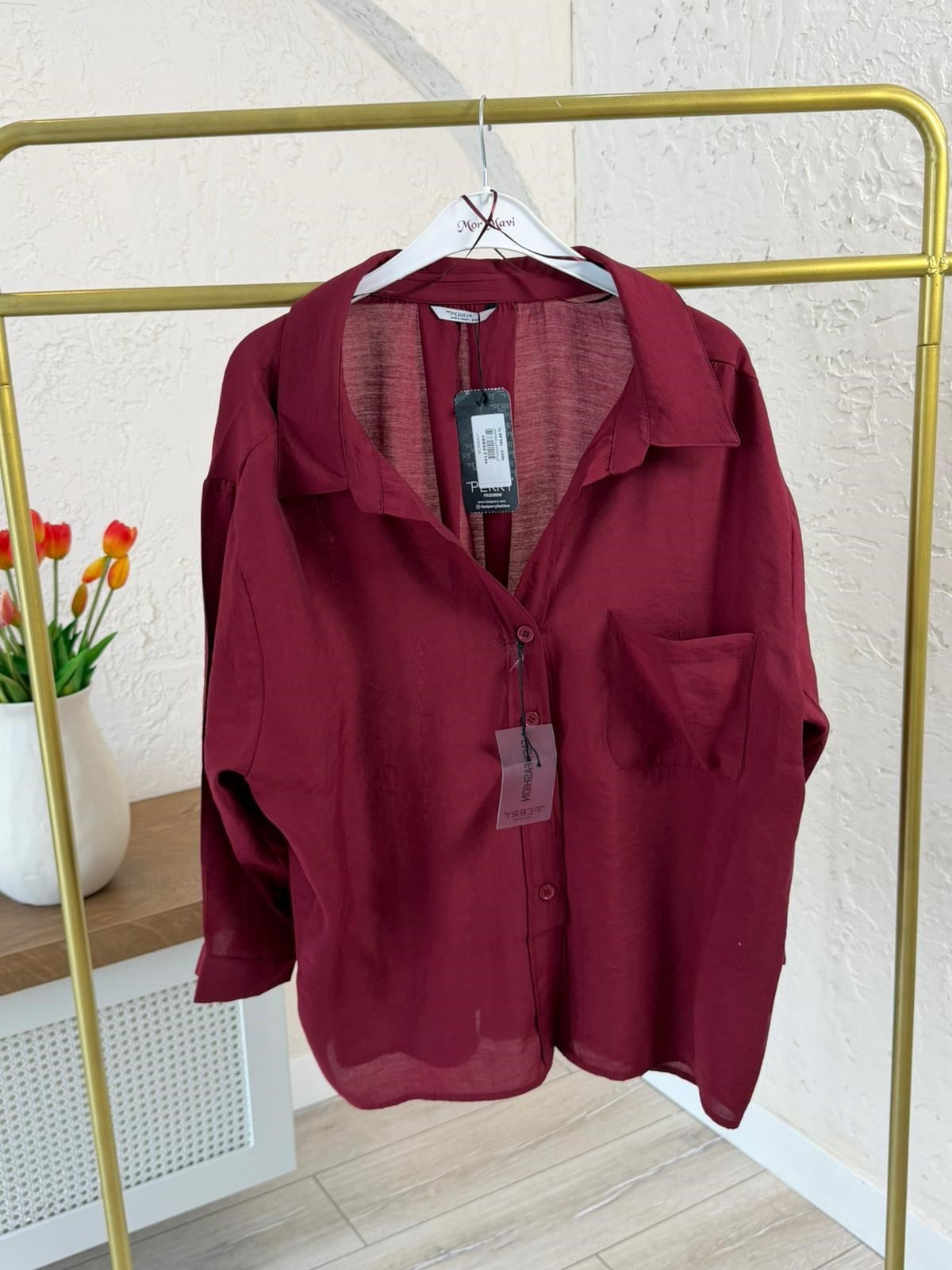 Düşük Omuzlu Oversize Gömlek Bordo