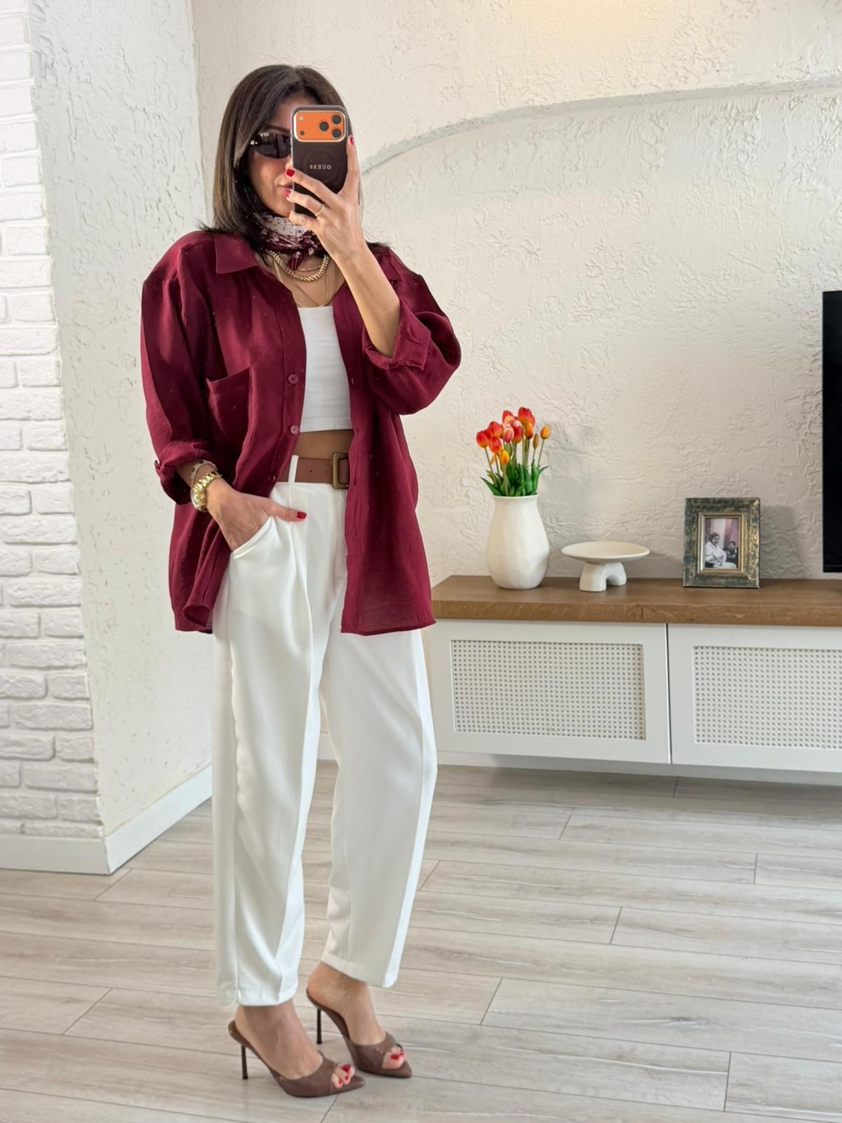 Düşük Omuzlu Oversize Gömlek Bordo