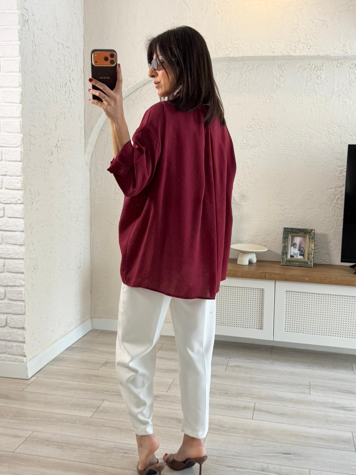 Düşük Omuzlu Oversize Gömlek Bordo