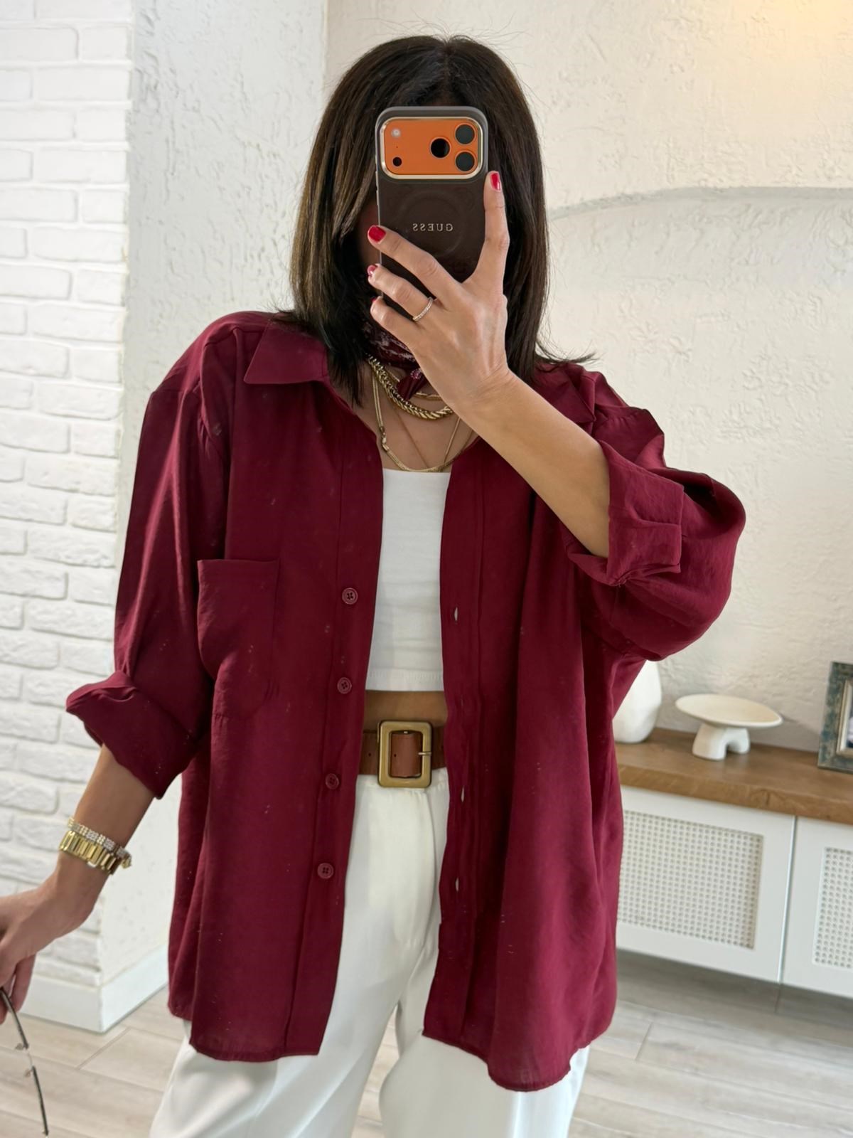 Düşük Omuzlu Oversize Gömlek Bordo