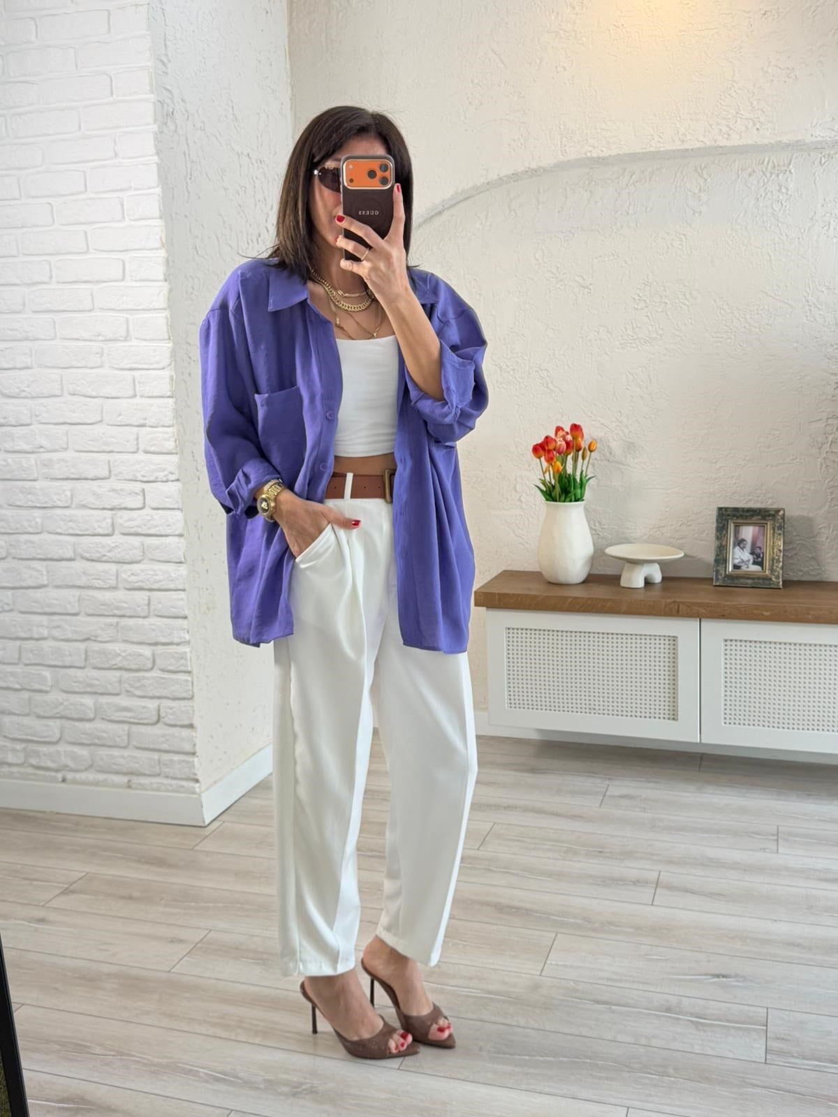 Düşük Omuzlu Oversize Gömlek Mor