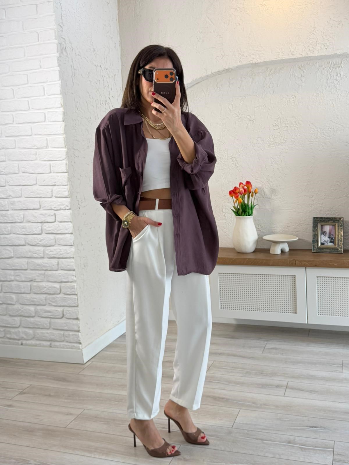 Düşük Omuzlu Oversize Gömlek Mürdüm