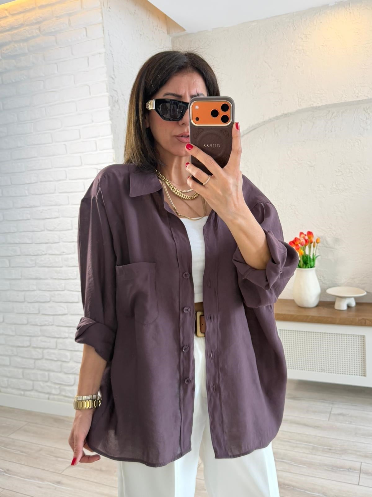 Düşük Omuzlu Oversize Gömlek Mürdüm