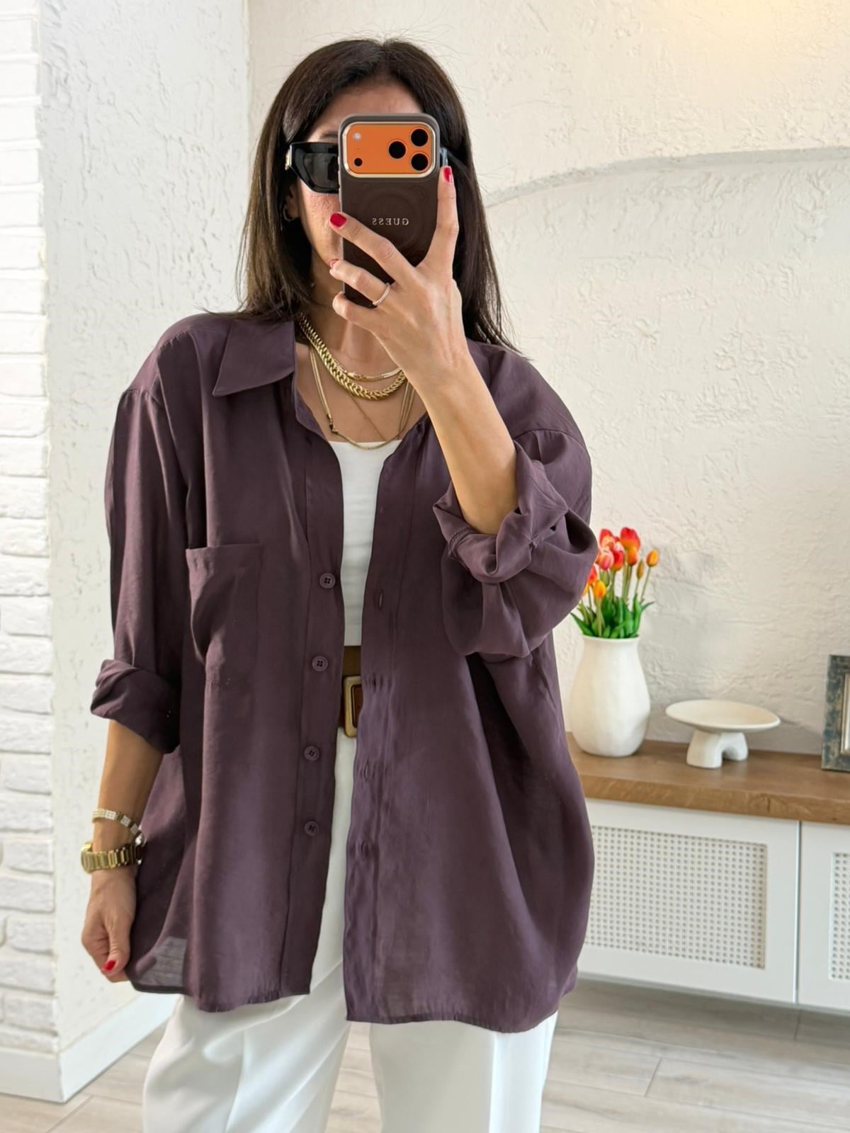 Düşük Omuzlu Oversize Gömlek Mürdüm