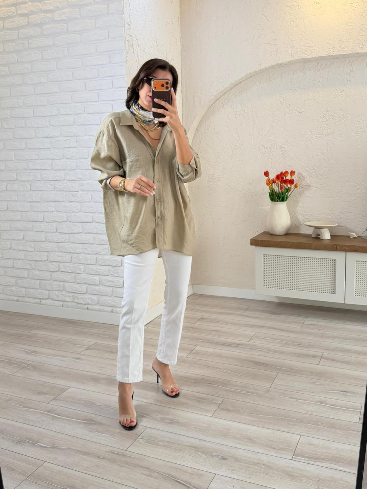 Düşük Omuzlu Oversize Gömlek Olive 