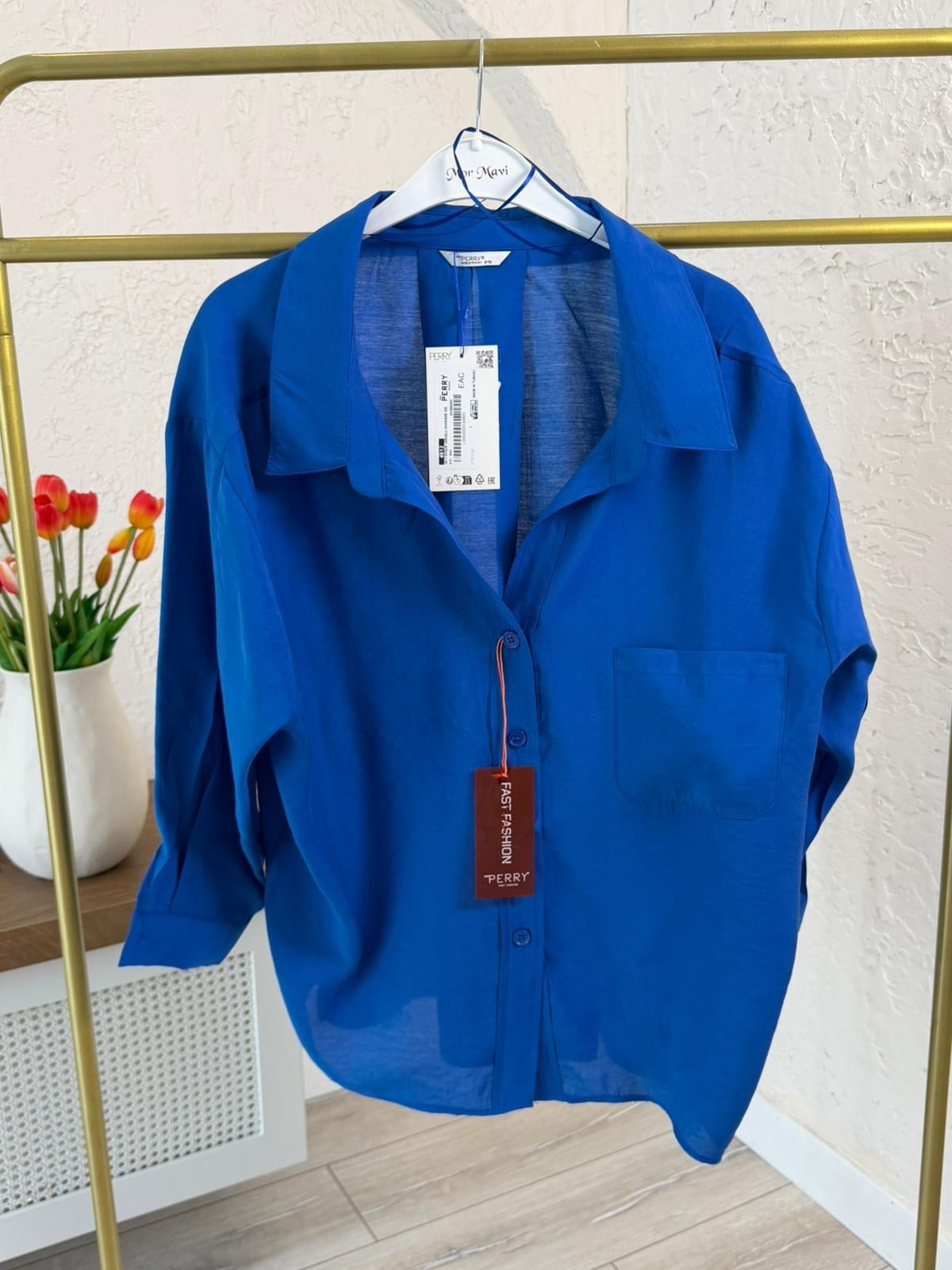 Düşük Omuzlu Oversize Gömlek Sax