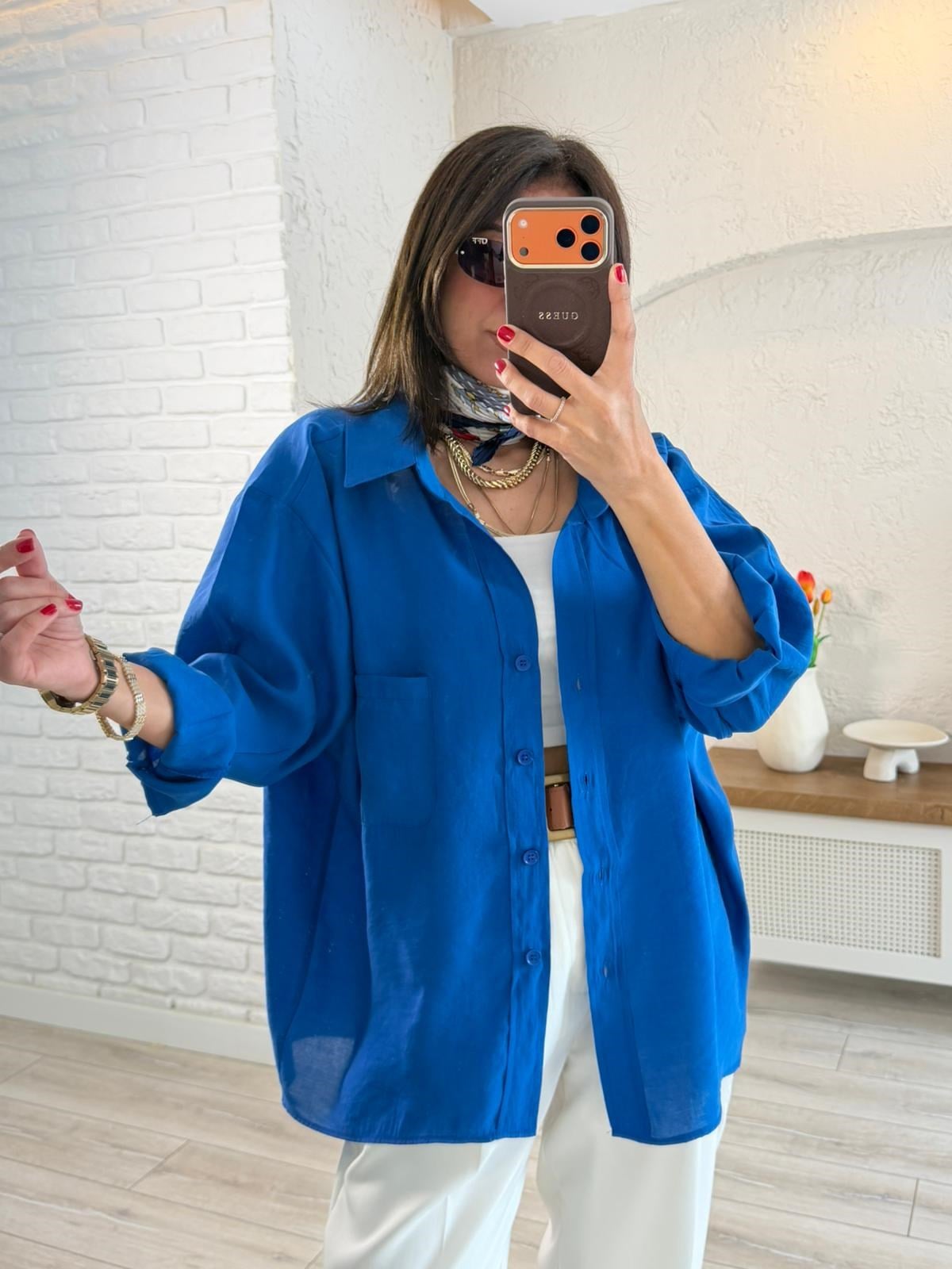 Düşük Omuzlu Oversize Gömlek Sax