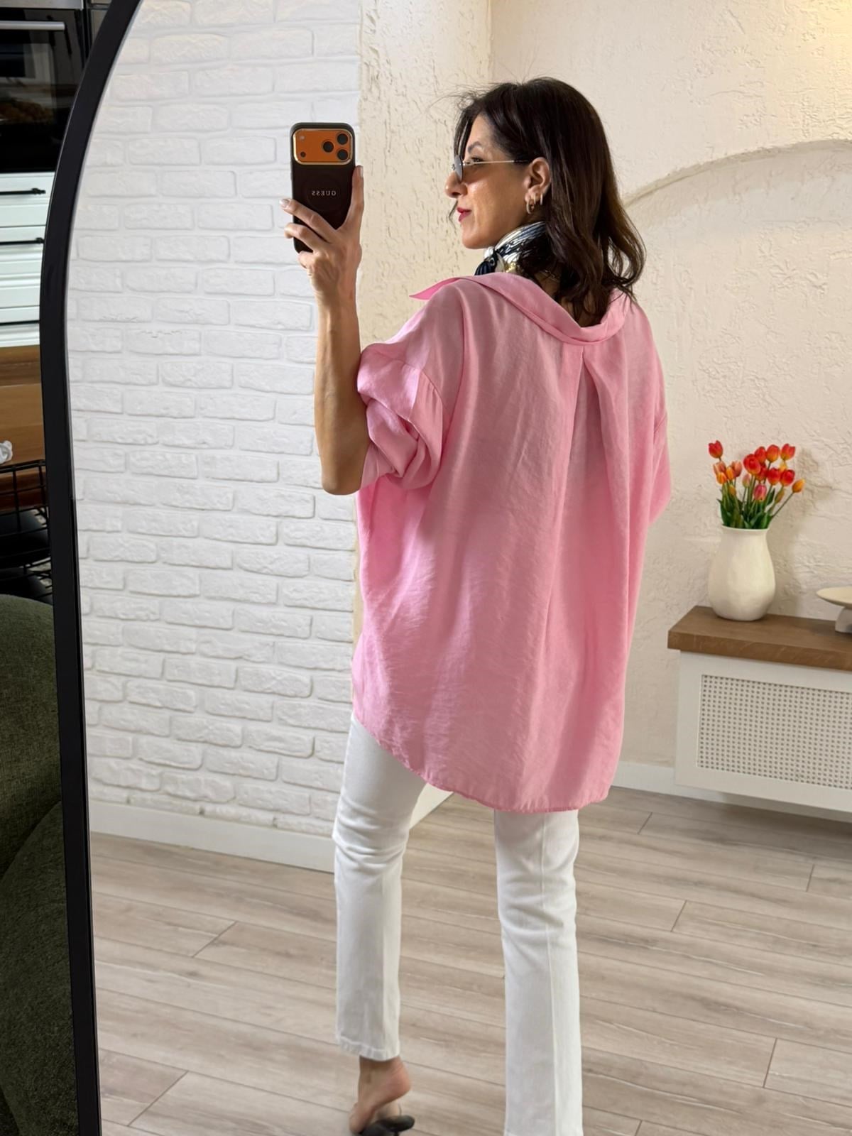 Düşük Omuzlu Oversize Gömlek Şeker Pembe 