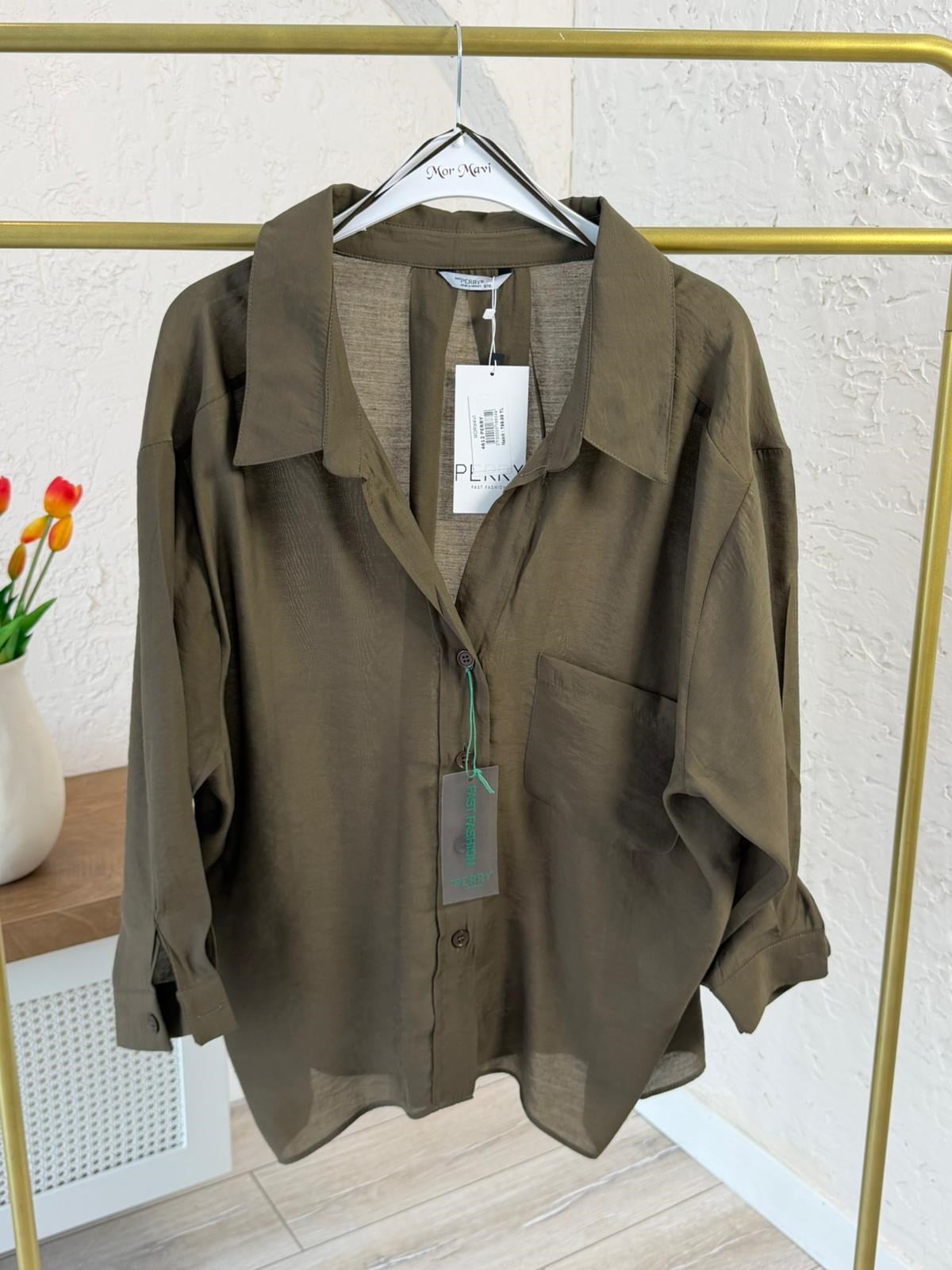 Düşük Omuzlu Oversize Gömlek Vintage Haki