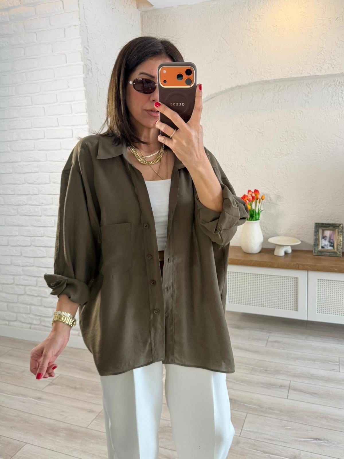 Düşük Omuzlu Oversize Gömlek Vintage Haki