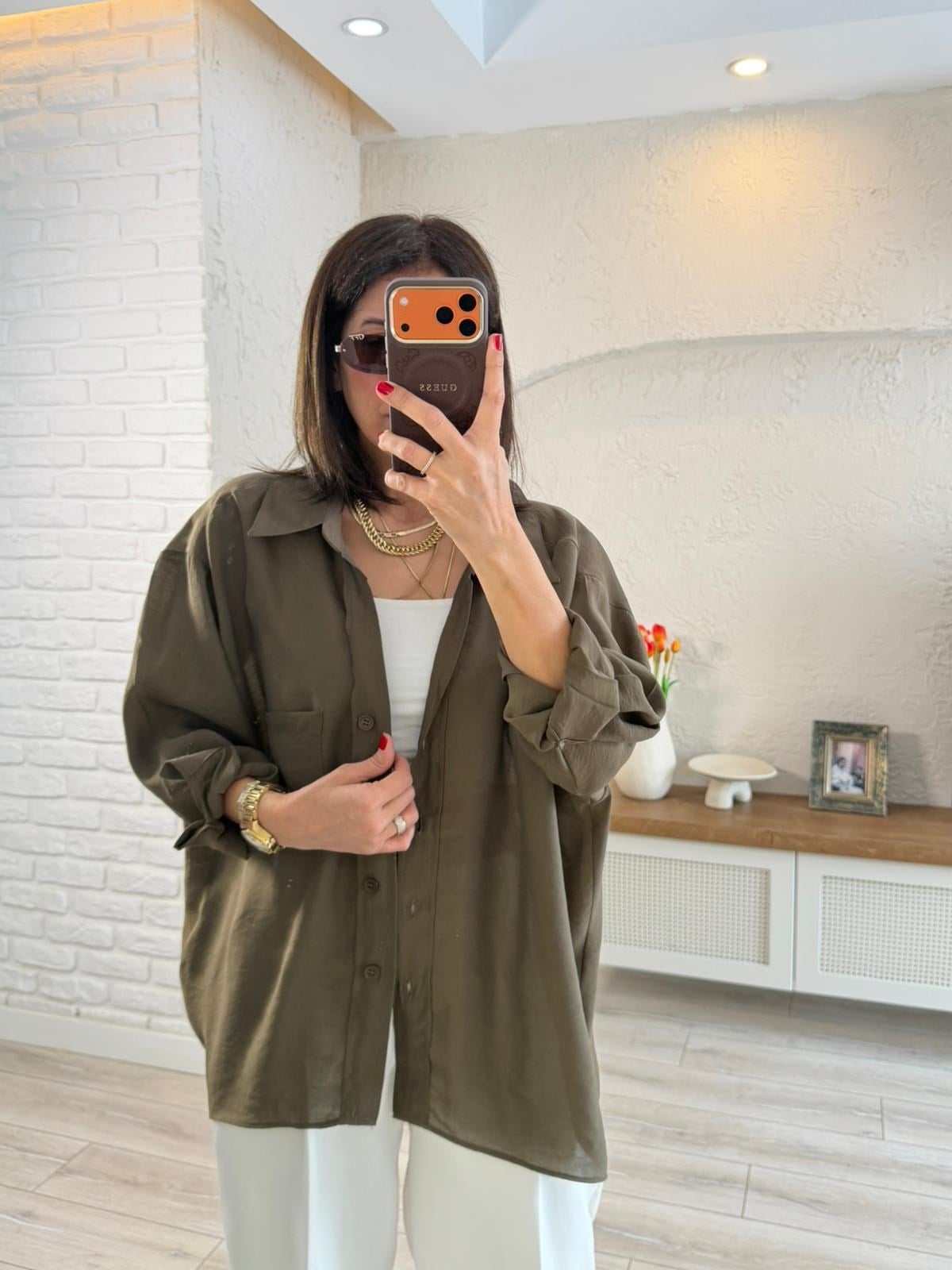 Düşük Omuzlu Oversize Gömlek Vintage Haki