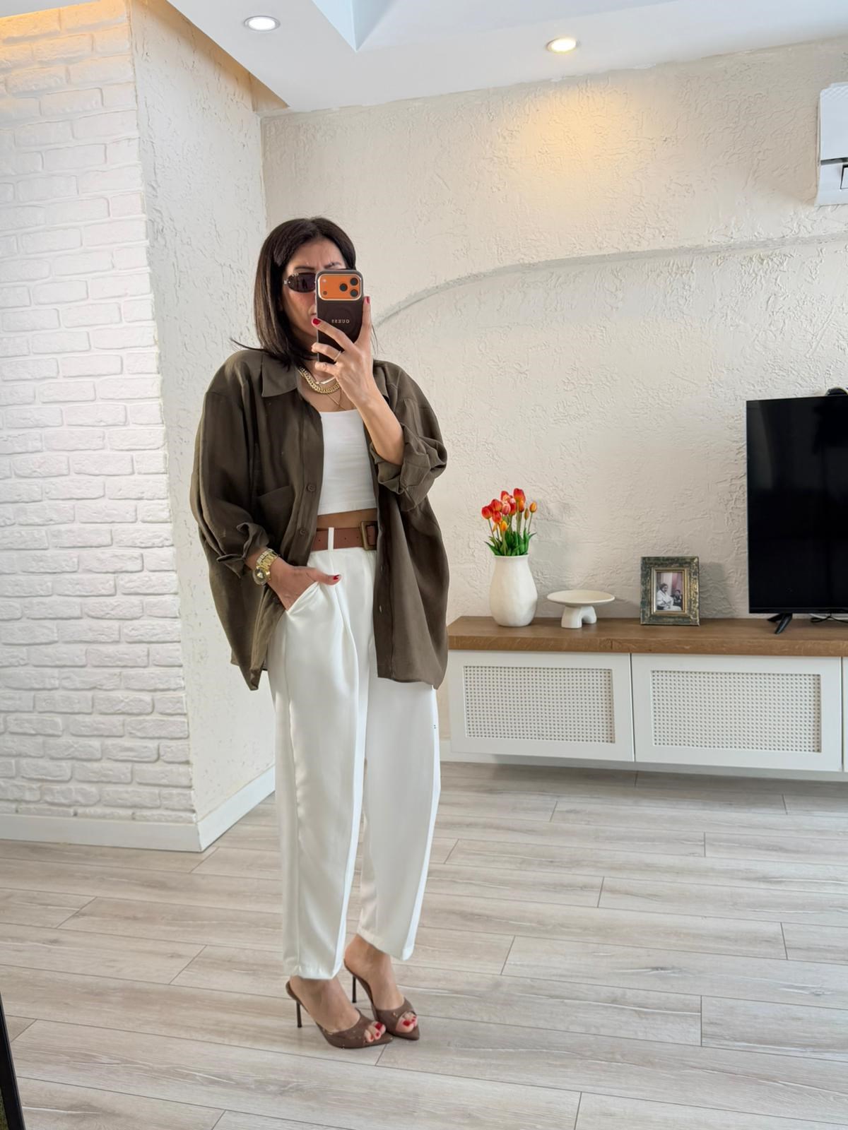 Düşük Omuzlu Oversize Gömlek Vintage Haki