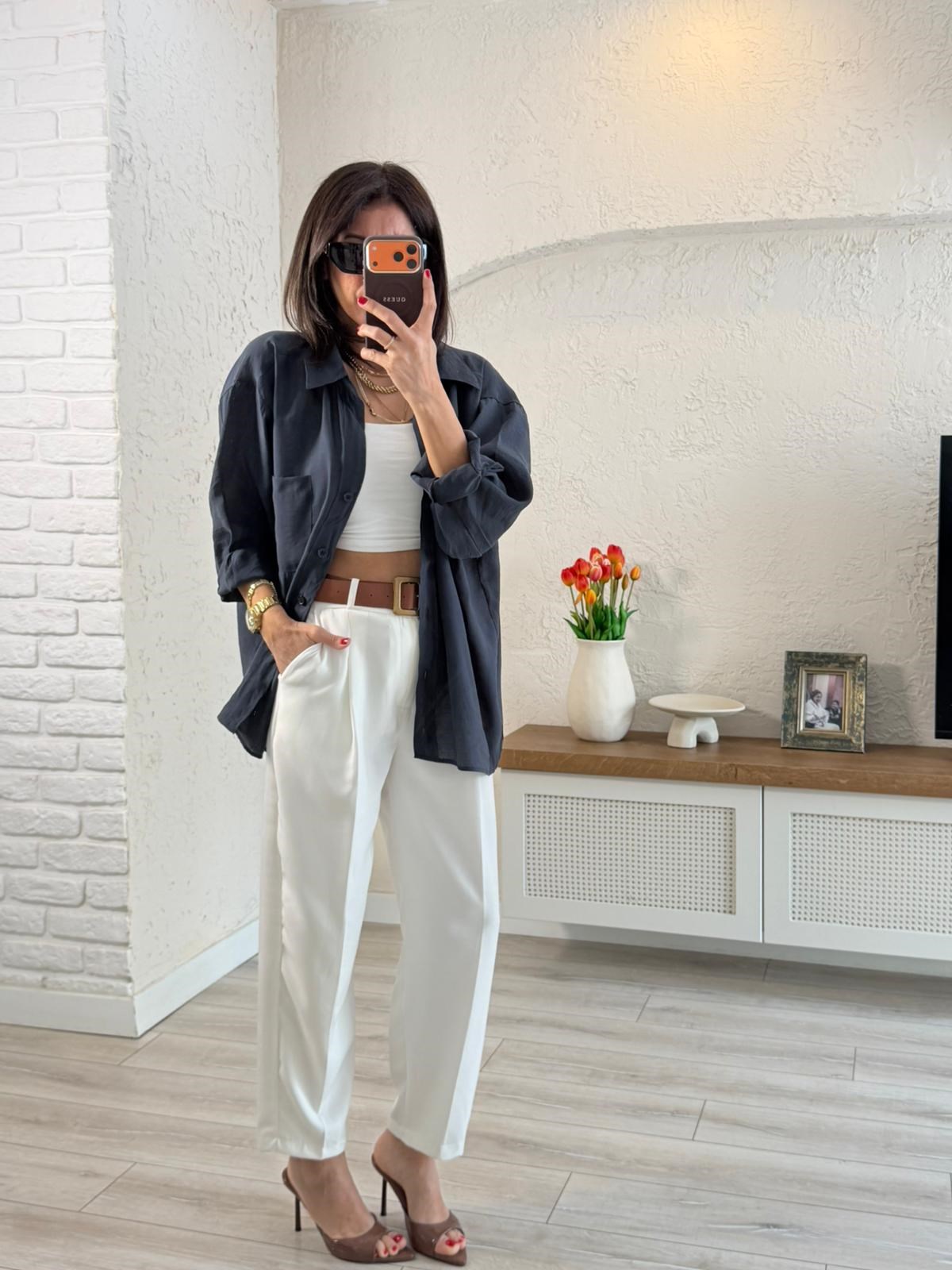 Düşük Omuzlu Oversize Gömlek Vintage Lacivert
