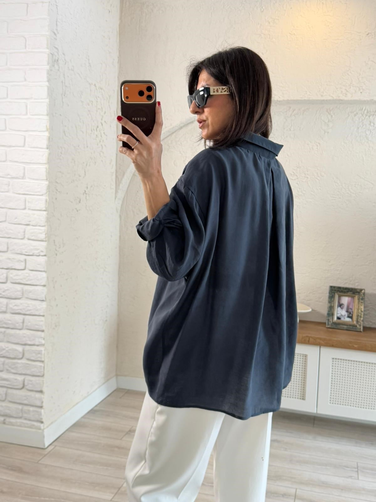 Düşük Omuzlu Oversize Gömlek Vintage Lacivert