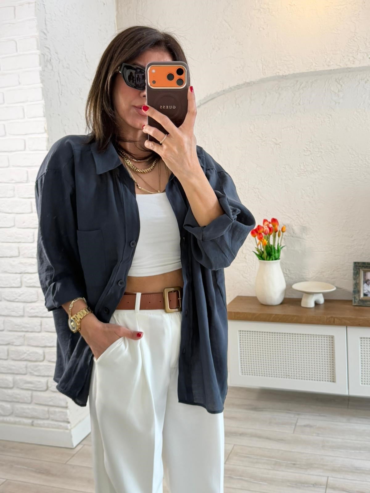 Düşük Omuzlu Oversize Gömlek Vintage Lacivert