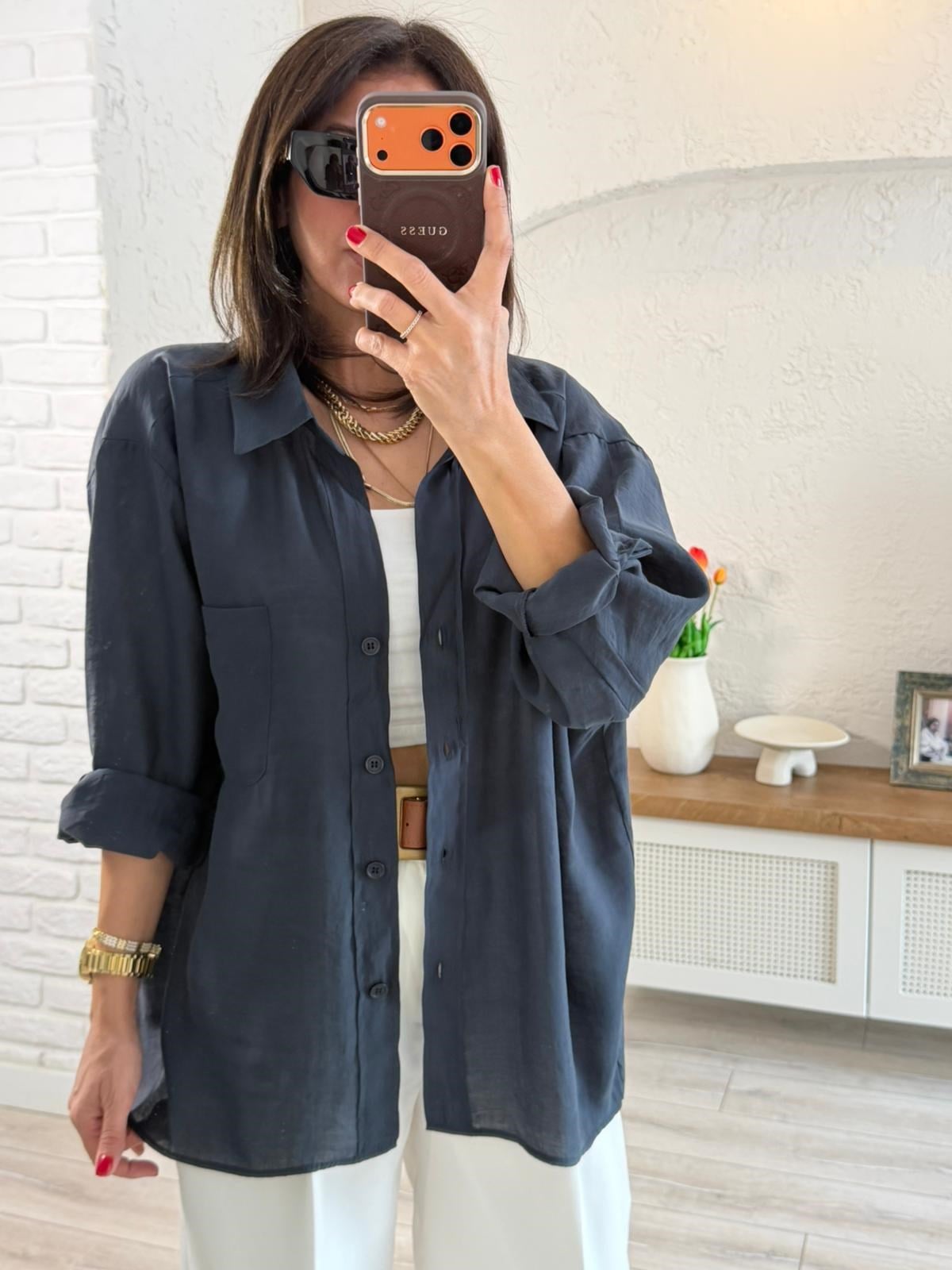 Düşük Omuzlu Oversize Gömlek Vintage Lacivert